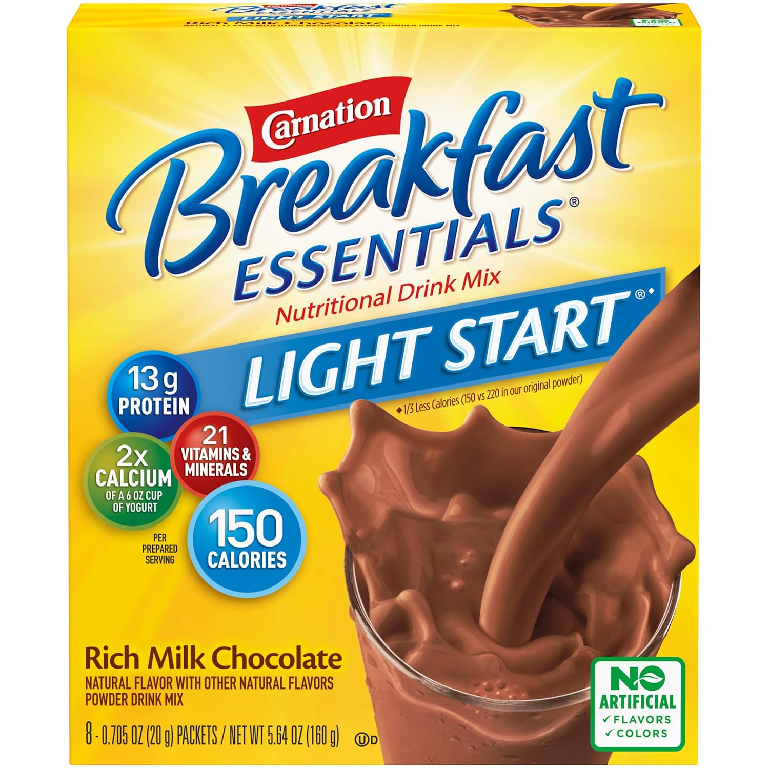 Carnation Breakfast Essentials Light Start Powder Drink Mix, Rich Milk Chocolate, 8 Count Box of Packets (Packaging May Vary)