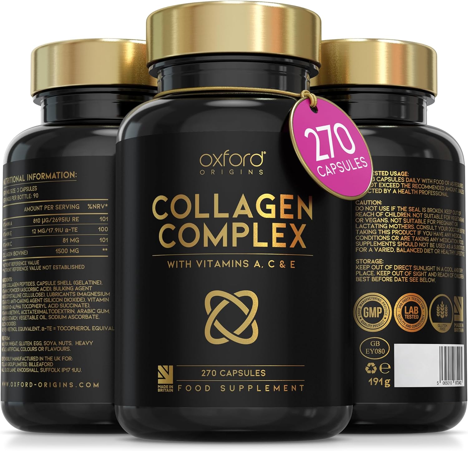 Advanced Collagen Complex | 1593mg Vitamin Boosted Complex for Glowing Hair, Skin & Nails | 270 High Strength Capsules | Premium Collagen Supplements for Women & Men, Made in The UK