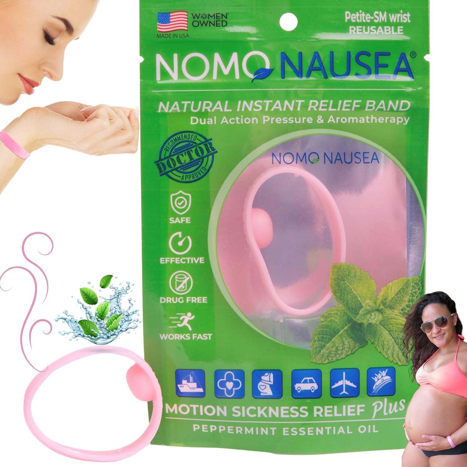 NOMO Nausea Relief Wristband for Pregnancy | Motion Sickness Band with Peppermint Aromatherapy and Acupressure | 30-Second Nausea Relief Band | Petite to Small | Pink | Pack of 2