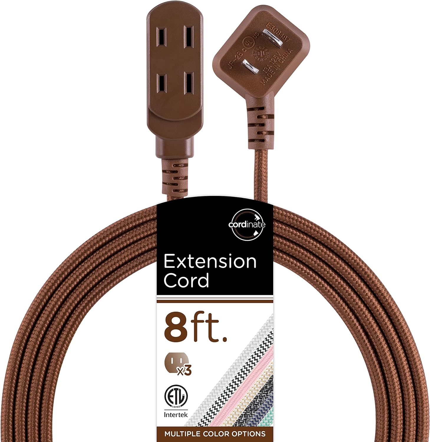 Cordinate Designer 3 Polarized Outlet Extension Cord, Brown, 8 ft Cord and Low-Profile Plug, with Slide-to-Lock Safety Covers, 39982