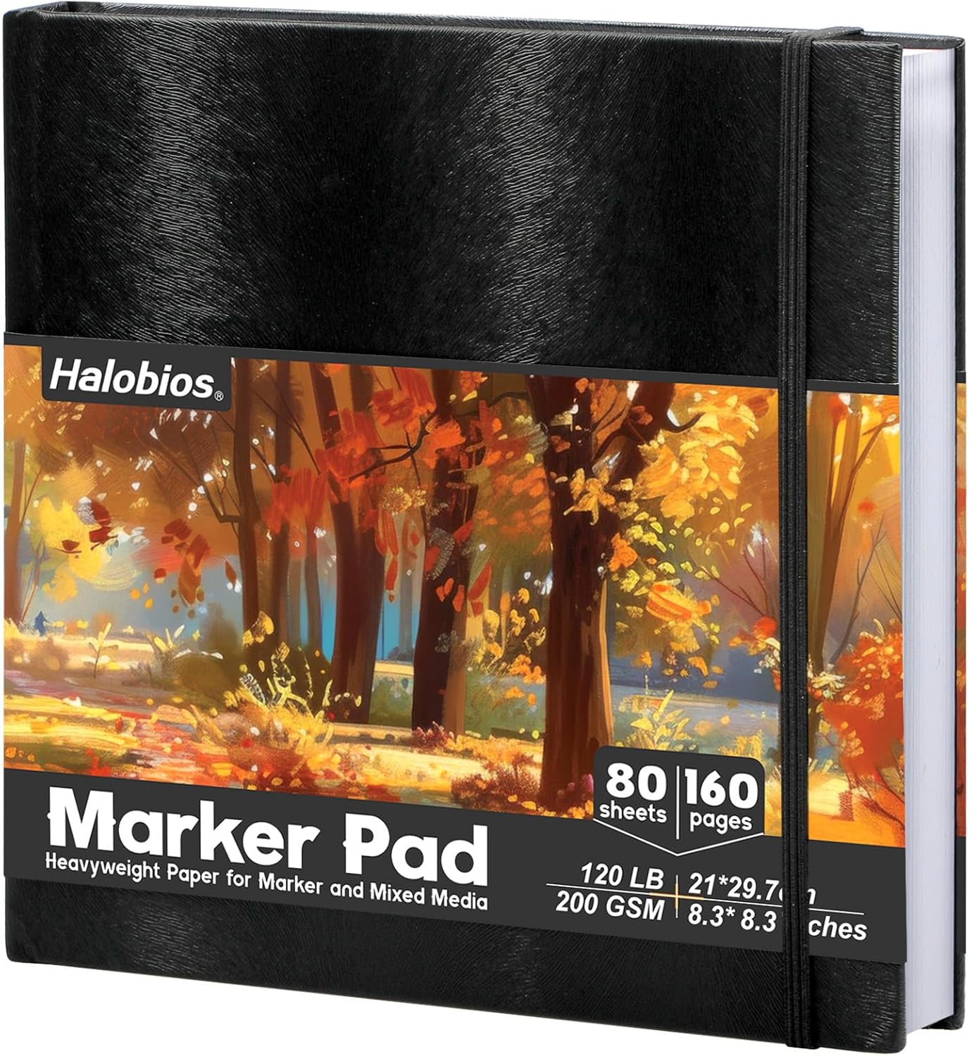Halobios Sketchbook for Artists Hardcover, 120 lb/200 GSM Very Thick Paper, 8.3”x8.3” Professional Marker Drawing Pad for Alcohol Markers Graffiti, Sketching, Portrait, 80 Sheets/160 Pages