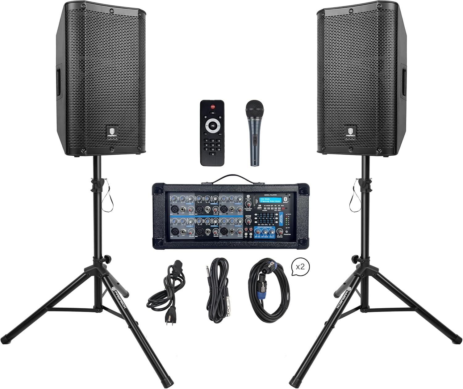 PRORECK Delta 126 2000W Bluetooth PA Speaker System with 6-Channel Powered Mixer, 2 12-Inch Passive Speakers, Stands, Reverb Effects, 15V Phantom Power. Perfect for DJs, Bands, Karaoke, Live Events
