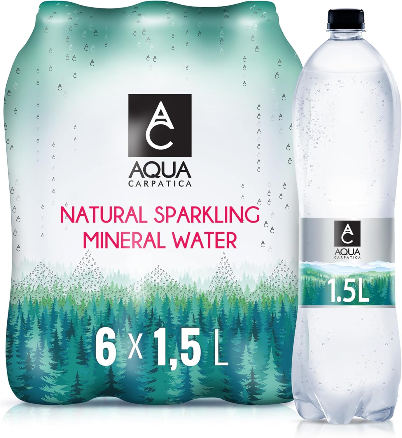 AQUA Carpatica 1.5L x 6 - Pure Natural Sparkling Mineral Water for Optimal Hydration, Nitrate-Free, Abundant in Calcium & Magnesium, Naturally Alkaline, Enriched with Natural Electrolytes