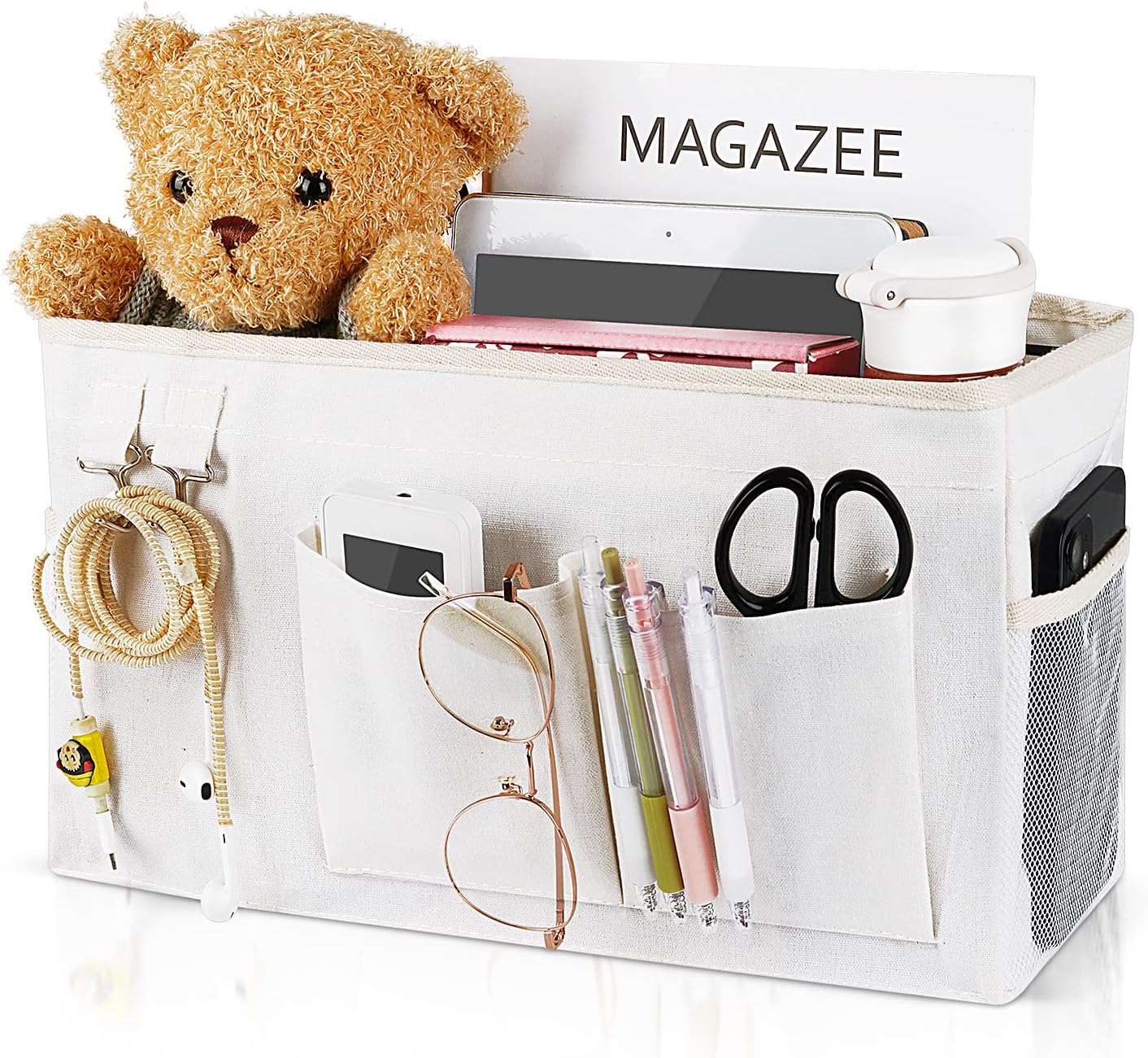 Bedside Caddy Bedside Organizer Hanging Storage Bag for Bunk College Dorm Bed and Hospital Beds with Magazine Water Bottle Phone Holder (White)