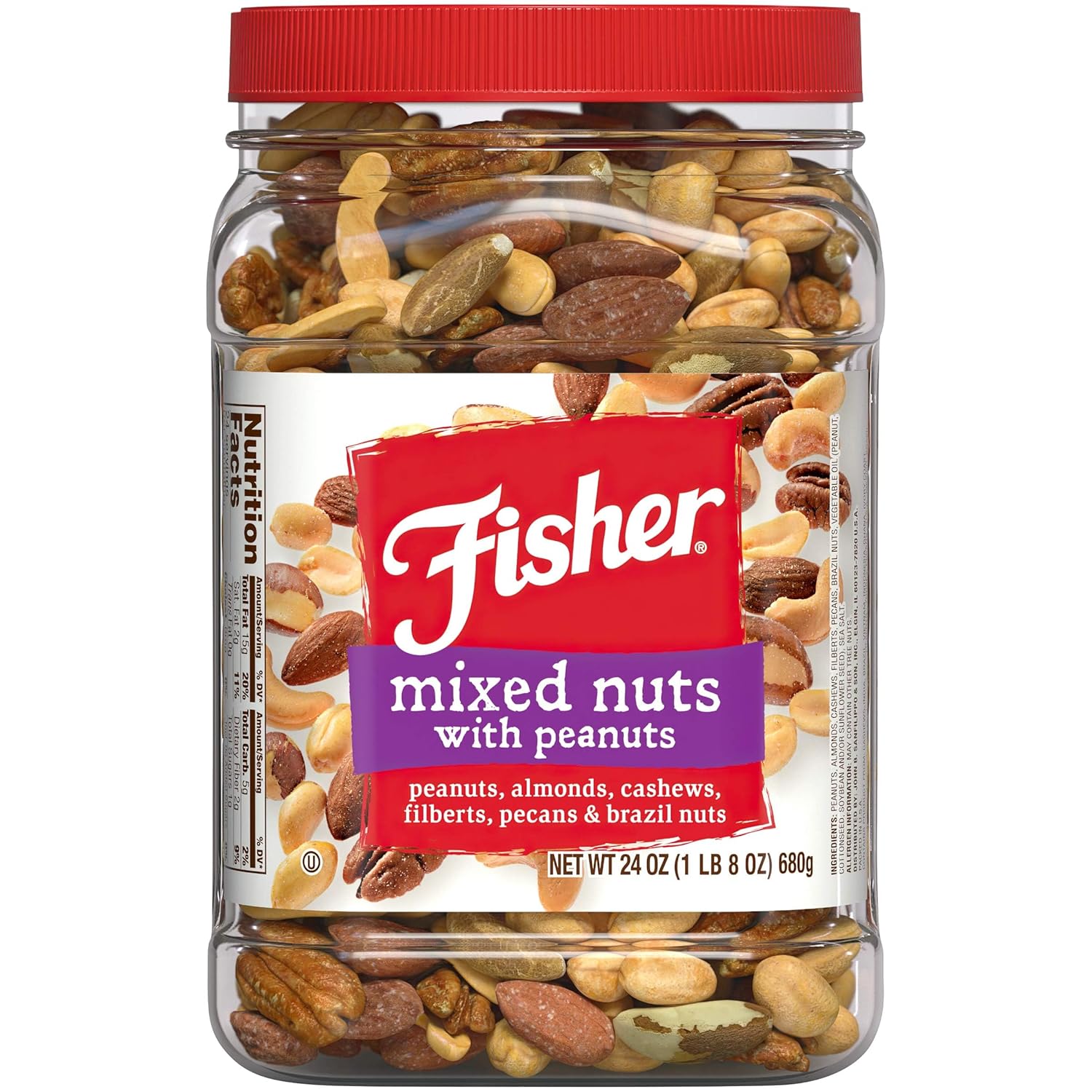 FISHER Snack Mixed Nuts with Peanuts, 24 oz Almonds, Cashews, Filberts, Pecans, Brazil Nuts,