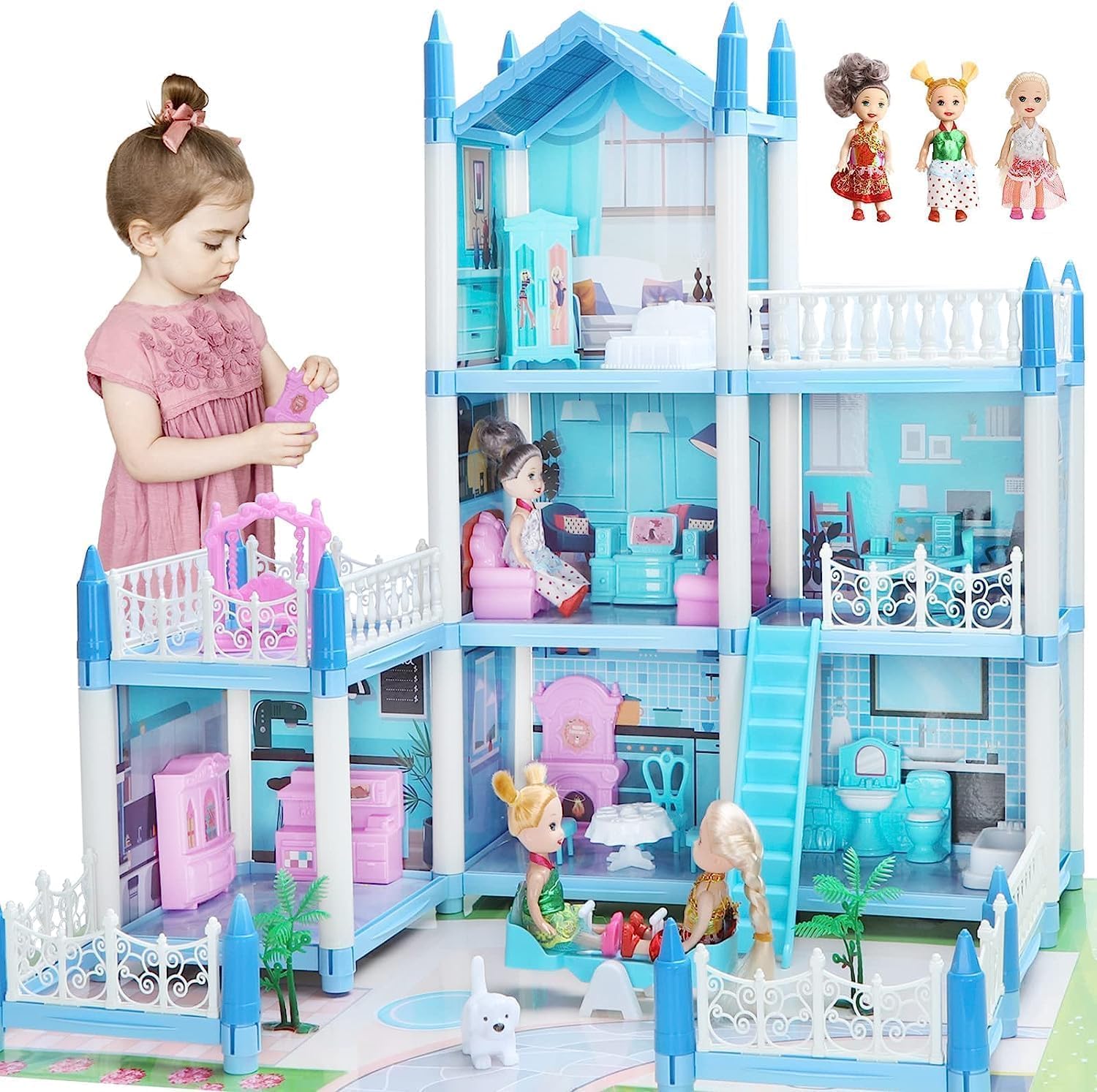 Doll House for Girls 6 7 8 Year Old - 3-Story 6 Rooms Dollhouse with 3 Dolls Light Accessories Furniture and Play Mat, DIY Pretend Dream Dollhouse Toy Gift for Kids (20.5'' x 16'' x 18.7'')