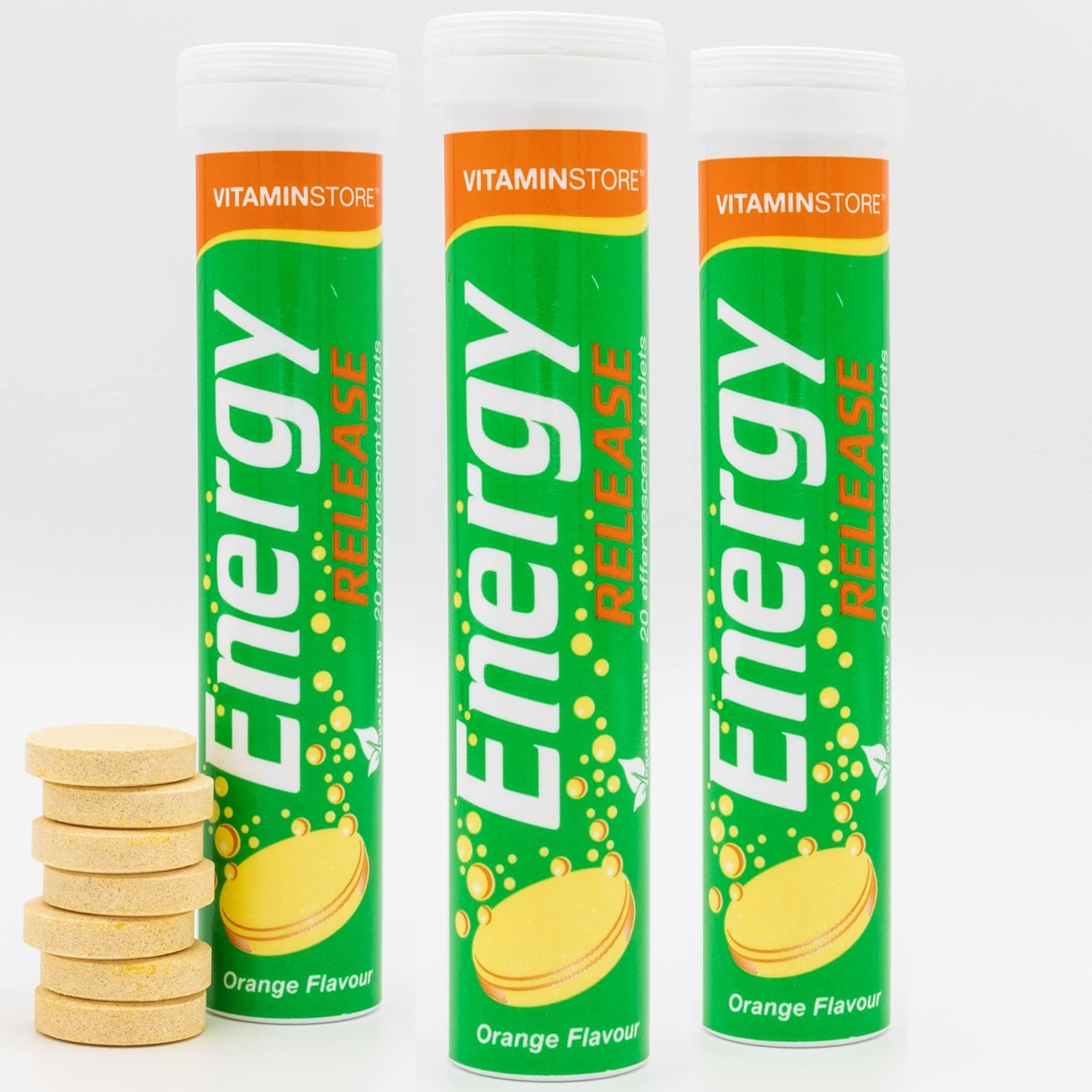 Vitamin Store Energy Release Effervescent Tablets - 3 Packs, 20 Orange Flavoured Fizzy Dissolvable Energy Supplement - Vitamins C,B1,B2,B12, Magnesium & Zinc - 2 Month Supply 60 Effervescent Tablets
