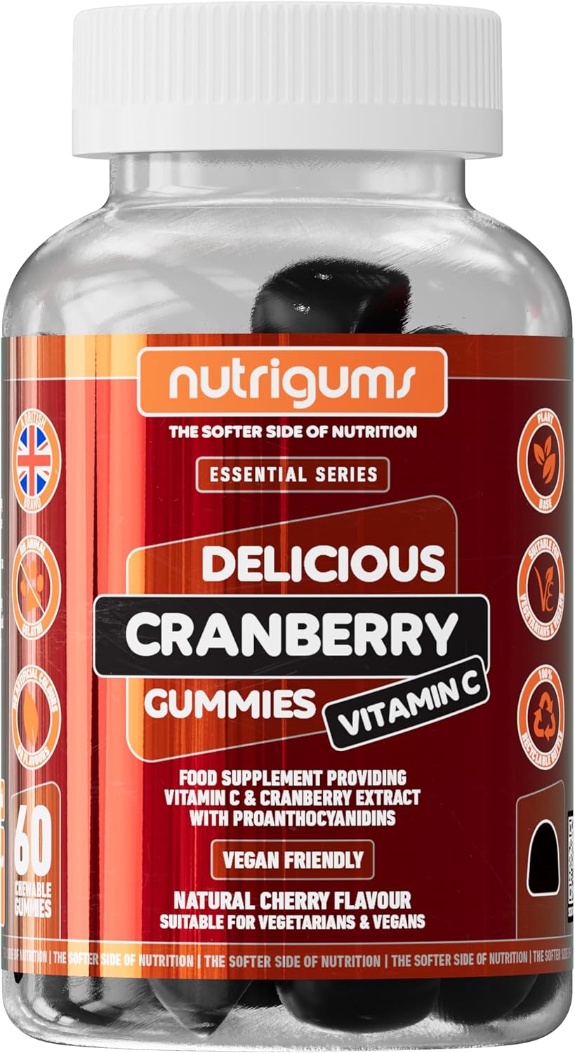 Cranberry & Vitamin C Gummy | High Strength | Cranberry Extract 9000mg (25% Proanthocyanidins) + Vitamin C 80mg | Cherry Flavour | 60 Vegan Gummies | Antioxidants & Urinary Tract Support by NUTRIGUMS®