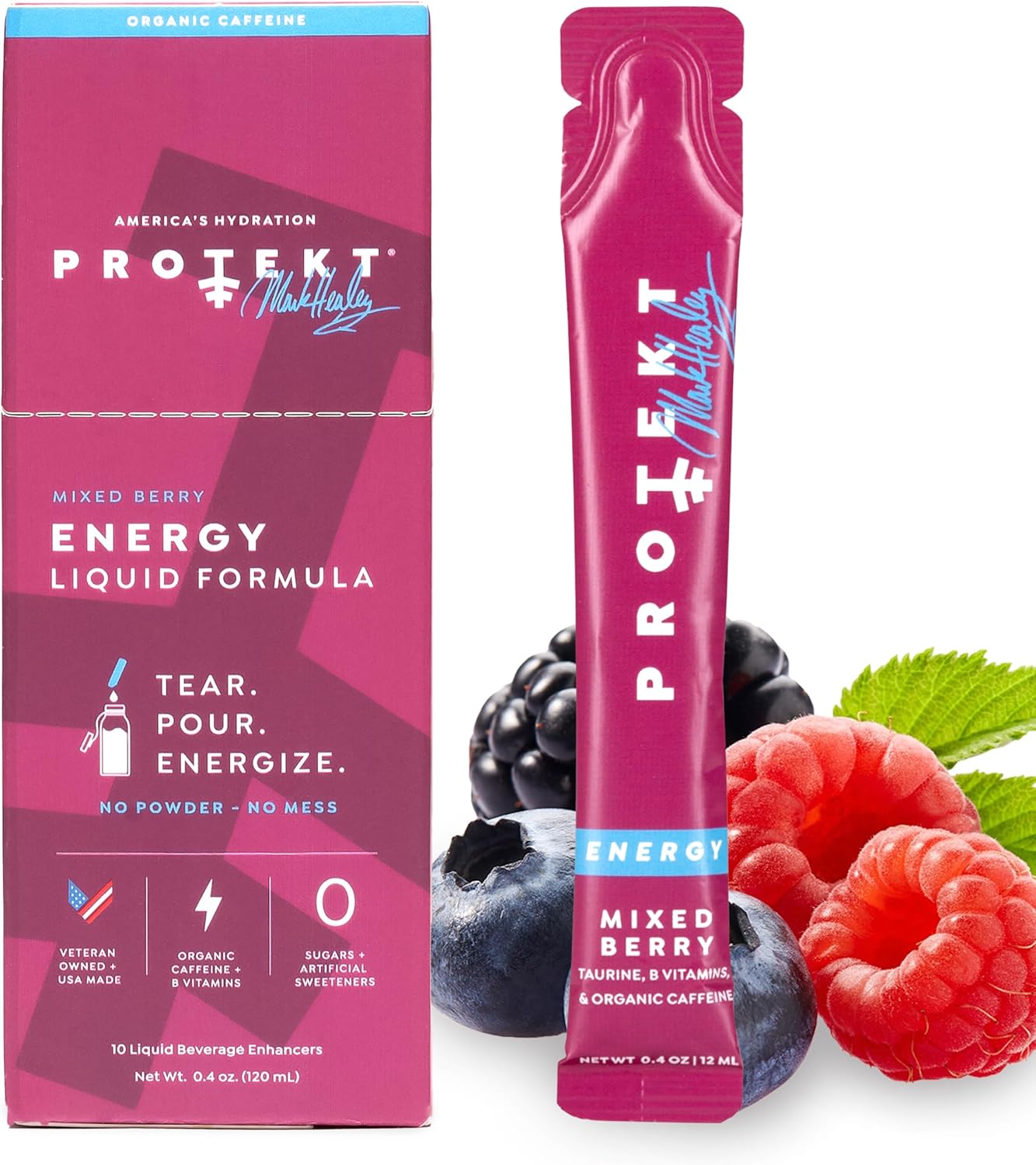 Protekt Zero Sugar Energy Drinks - Keto Natural Mix, Liquid Vitamin B Drink, Organic Caffeine Blend, On-the-Go Liquid Pack, Zero Sugar Mixed Berry Energy Packets by Mark Healey,Pack of 10