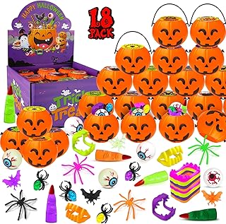 144 Pcs Halloween Party Favors for Kids, 18 Pack Prefilled Halloween Pumpkin Bucket Halloween Toys Bulk for Halloween Party Favors Trick or Treat Gifts School Classroom Prizes Pinata Stuffers
