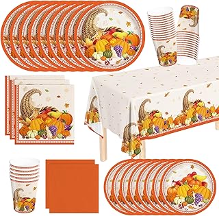 121pcs Thanksgiving Party Plates Napkins Fall Pumpkin Harvest Party Supplies Paper Tableware Set Dessert Plates Cups Tablecloth Cornucopia Autumn Party Supplies Serves 30