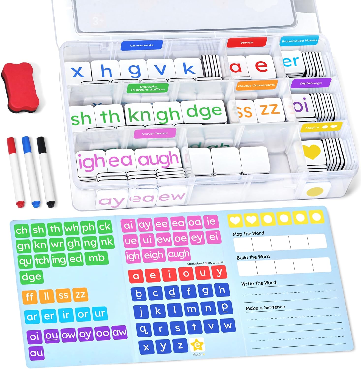 JoyCat 265 Phonics Magnetic Letter Tiles- Hooked on Phonics, ABC Reading Games Set with Word-Building Folder & Storage Case, Letter Sound Alphabet Letters, Preschool Pre k Classroom Materials