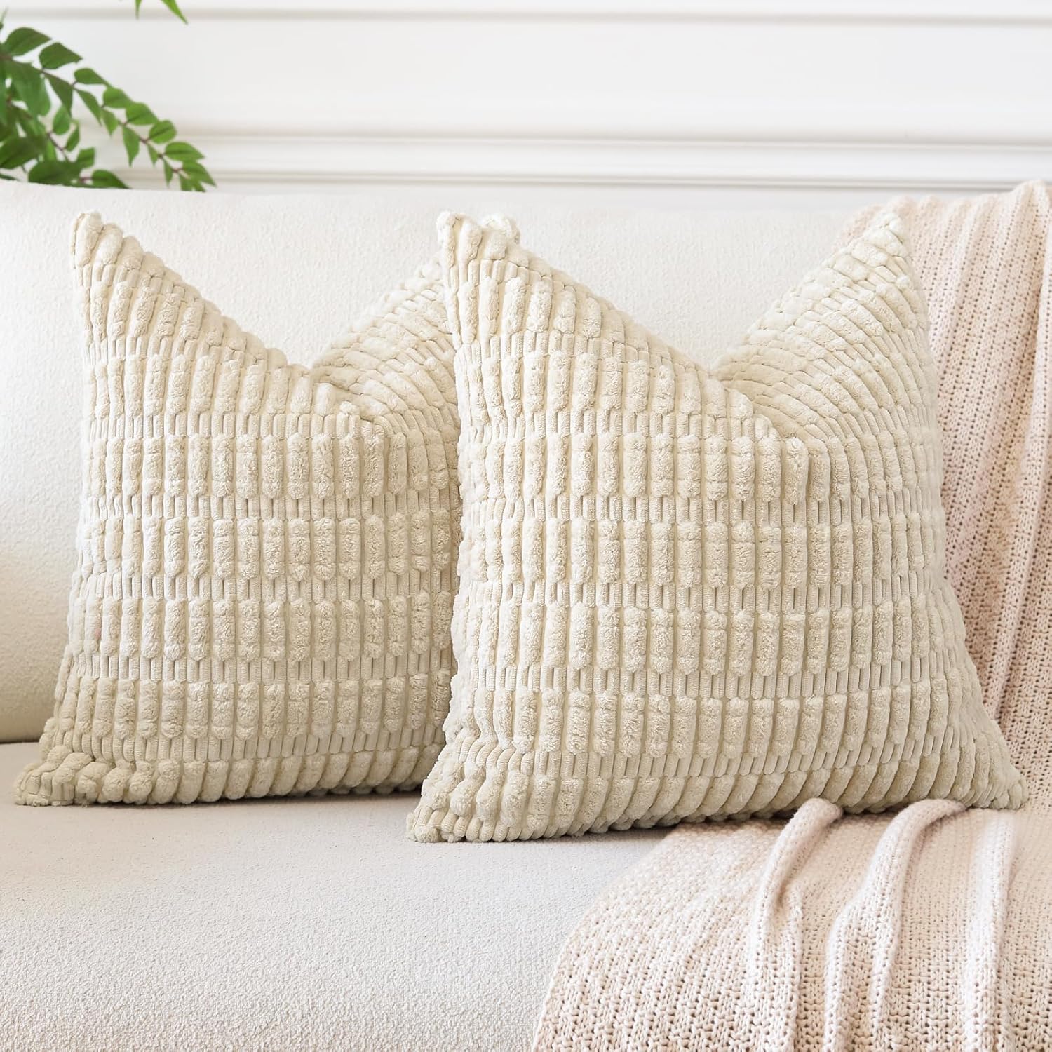 JOTOM Corduroy Soft Striped Decorative Throw Pillow Covers 22x22 Inch Cushion Covers 55x55 cm Cushion Case Square Pillowcase for Couch Sofa Living Room Bed Home Boho Decor Set of 2 (Beige)