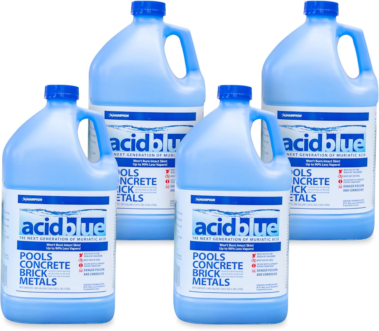 Champion 4-Pack Acidblue Muriatic Acid for Swimming Pools & Spas, 1 Gallon Each - Low-Fume pH Stabilizer & Cleaner for Concrete & Masonry Surfaces, Clears Rust & Scale Build-Up