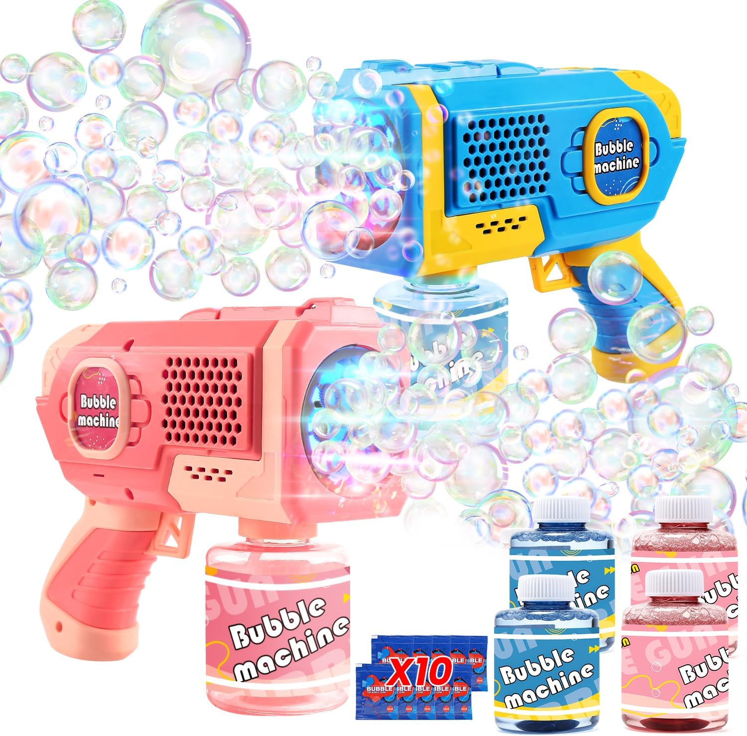 EagleStone 2 Pack Bubble Gun Machine for Kids, Automatic Light Up Bubble Blower with 4 Bottles 10 Bags Refill Solution, Bubble Guns Blaster for Toddlers, Outdoor Toys Gifts, Wedding Easter Party Favor
