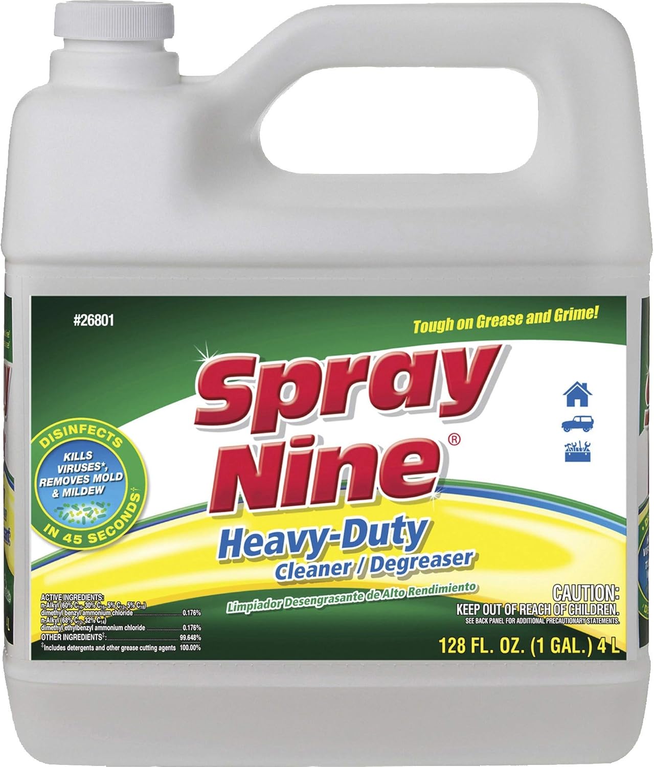Spray Nine 26801-4PK Heavy Duty Cleaner, Degreaser & Disinfectant, Citrus Scent, Indoor & Outdoor Cleaner for Kitchens, Bathrooms, Yard Equipment, Automotive & Industrial 1 Gallon (Pack of 4)
