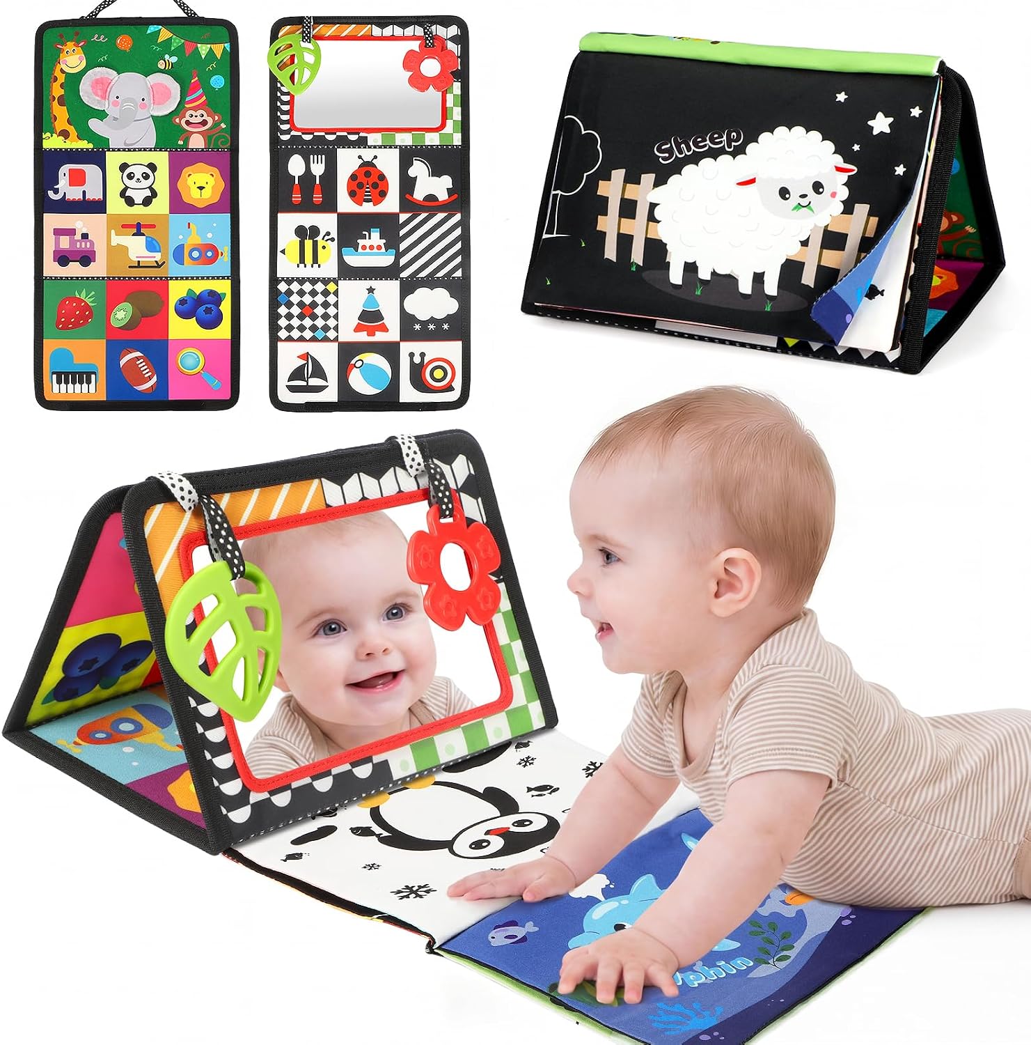 BBWOO Tummy Time Mirror Toys, High Contrast Baby Toys for Newborn