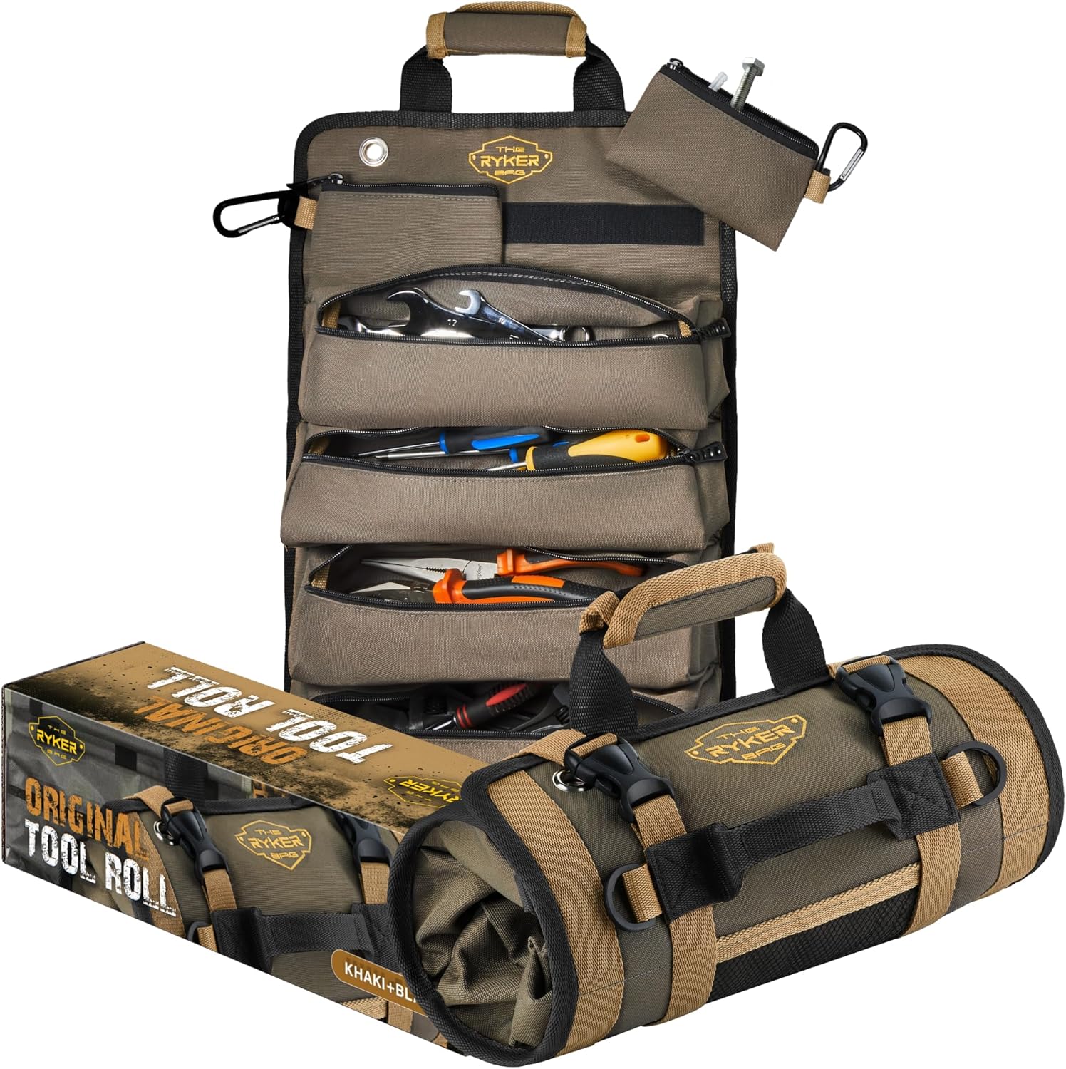 The Ryker Roll Up Tool Bag Organizer Gifts for Dad. Heavy Duty Motorcycle Tool Roll Bag Organizer. Portable Rollup Toolbag w/Detachable Pouches - Tools Bags Mens gifts for him/Mechanic (Khaki+Black)