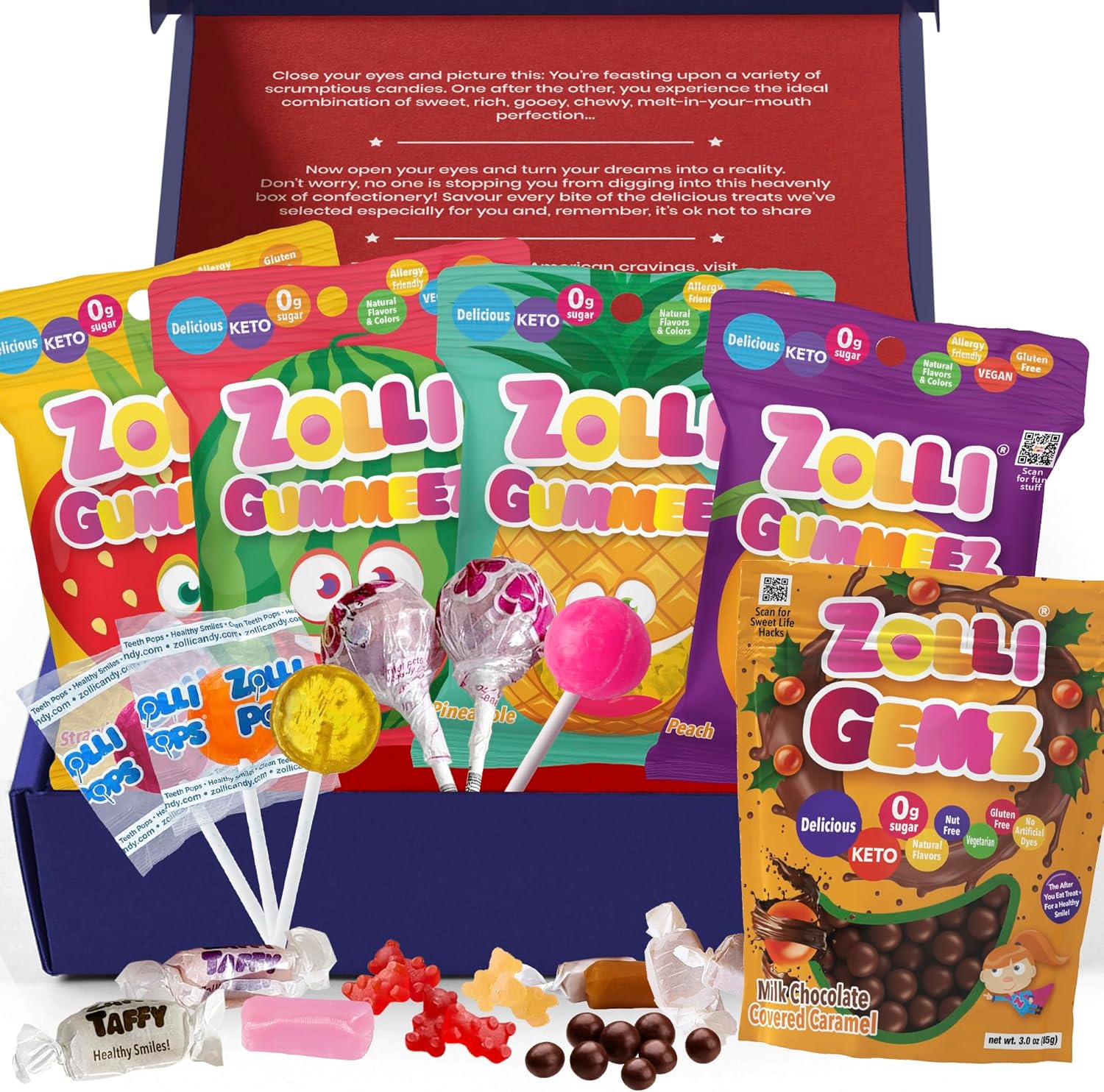 Zollipops Sugar Free Candy Variety by Broadway Candy | 17 Piece Assortment - Fruity Gummies, Fruity Lollies, Milk Chocolate & Caramel Chewies | Diabetic Friendly