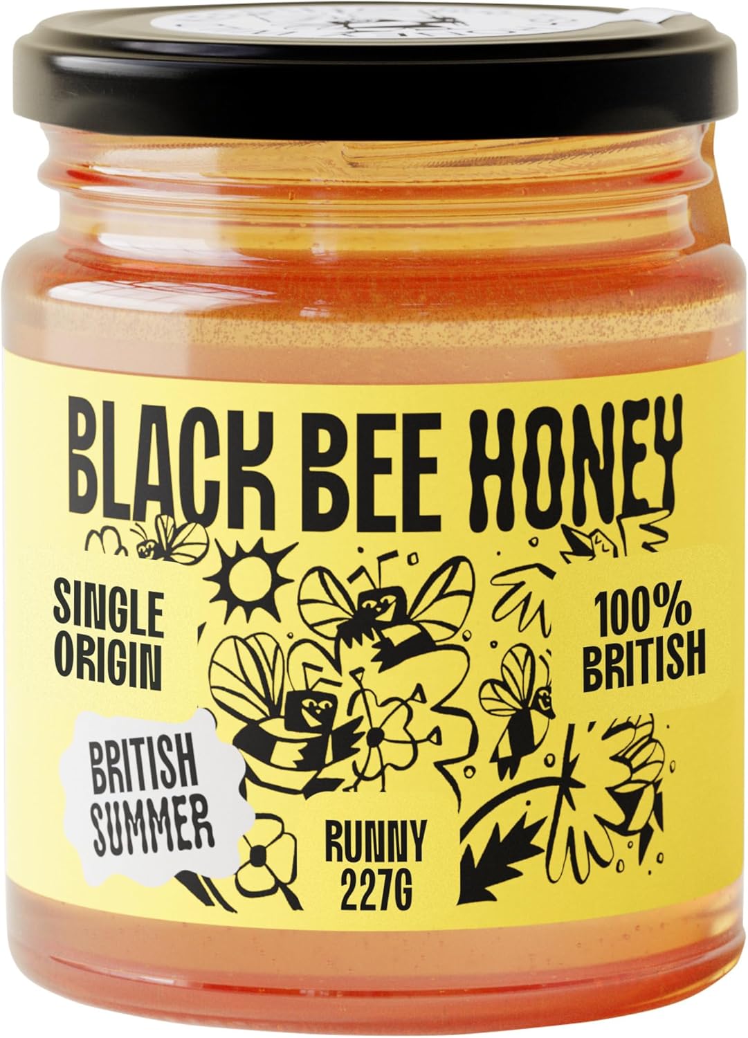 Black Bee Honey - Pure British Summer Raw Honey, Runny with a Heady Floral Flavour, Unprocessed, Single Source from Hive to Jar, Never Blended - Delicious on Toast, Soothing in Drinks, 227g Glass Jar