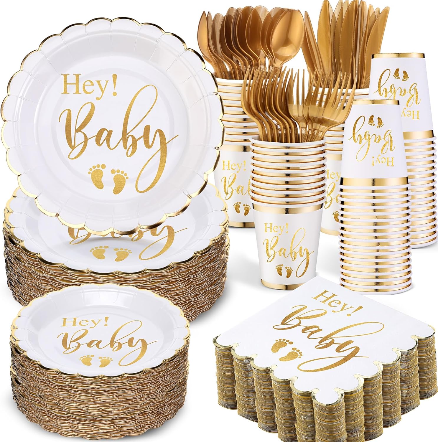 Yungyan 400 Pcs Baby Shower Dinnerware for 50 Guest Baby Shower Paper Plate Napkin Set Gender Reveal Plate Napkins Cup Footprint Disposable Knives Fork Spoon Gender Reveal(Gold,Delicate)