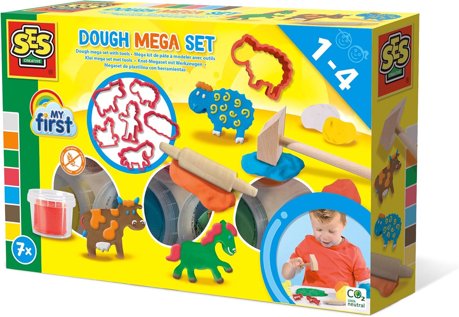 SES Creative - My First Dough Mega Set with Tools - 7 Pots of Clay Play Dough and Activity Cards, Safe for Toddlers from 1 Year and Up, Make an Entire Farm