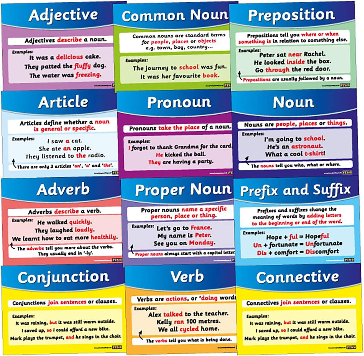 12 Mixed English Literacy Childrens Pupils Teachers Word Grammar Classroom Display Card Posters A4 Primary Teaching Services
