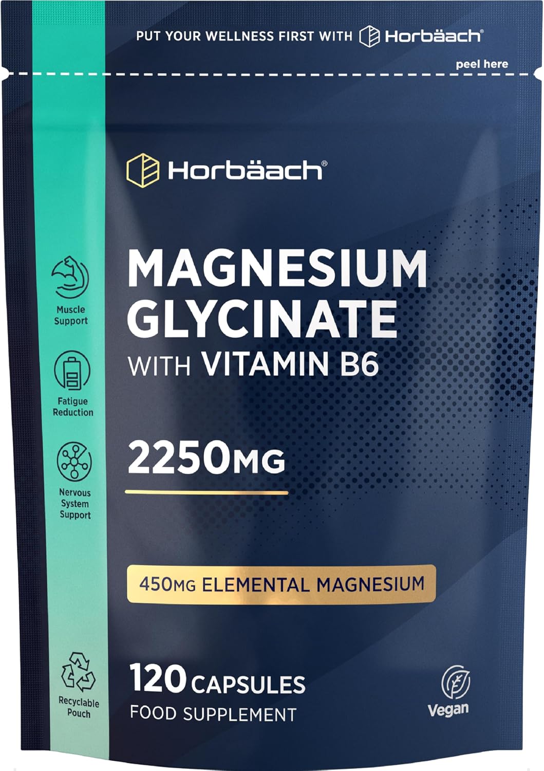 Magnesium Glycinate Supplement 2250mg | with Vitamin B6 | High Strength Providing 450mg of Elemental Magnesium | 120 Capsules | Vegan | by Horbaach
