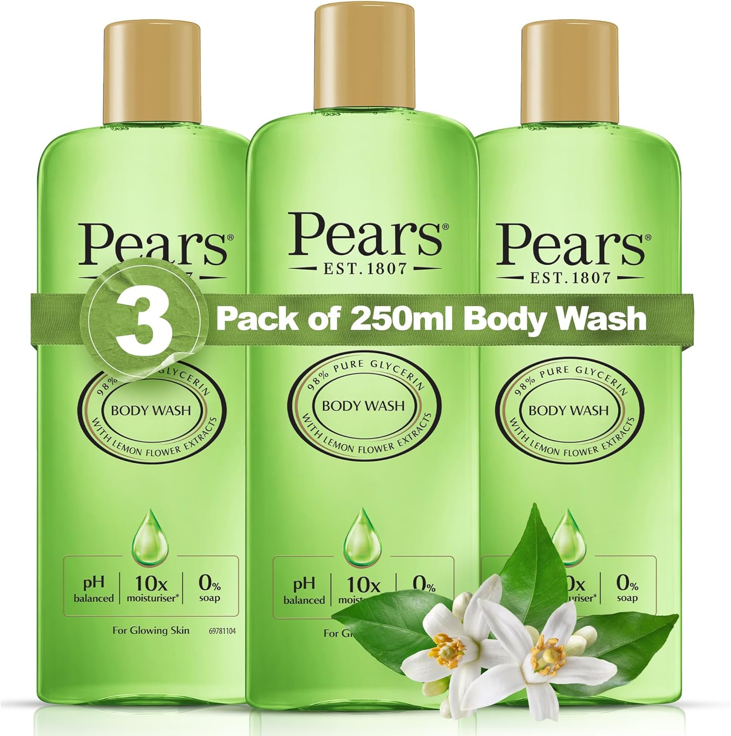 Pears Pure & Gentle Body Wash with Lemon Flower Extract - Nourishing Gel Cleanser -Crafted with Natural Oils - 10x More Moisturiser* - Beauty Bath for Moisturising Care - 250ml (3 Pack)