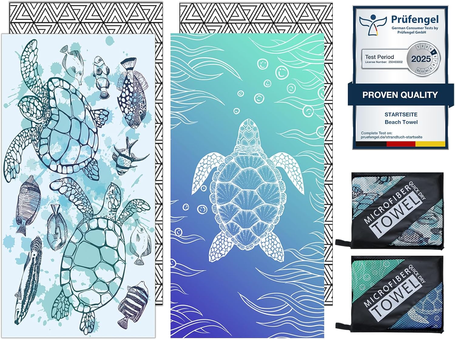 Microfibre Beach Towels for Adults - 2 Pack 180x100cm Lightweight Beach Towel Extra Large, Sand Free & Quick Dry Beach Towel Extra Large for Travel, Swim, Sports(Double Turtle)