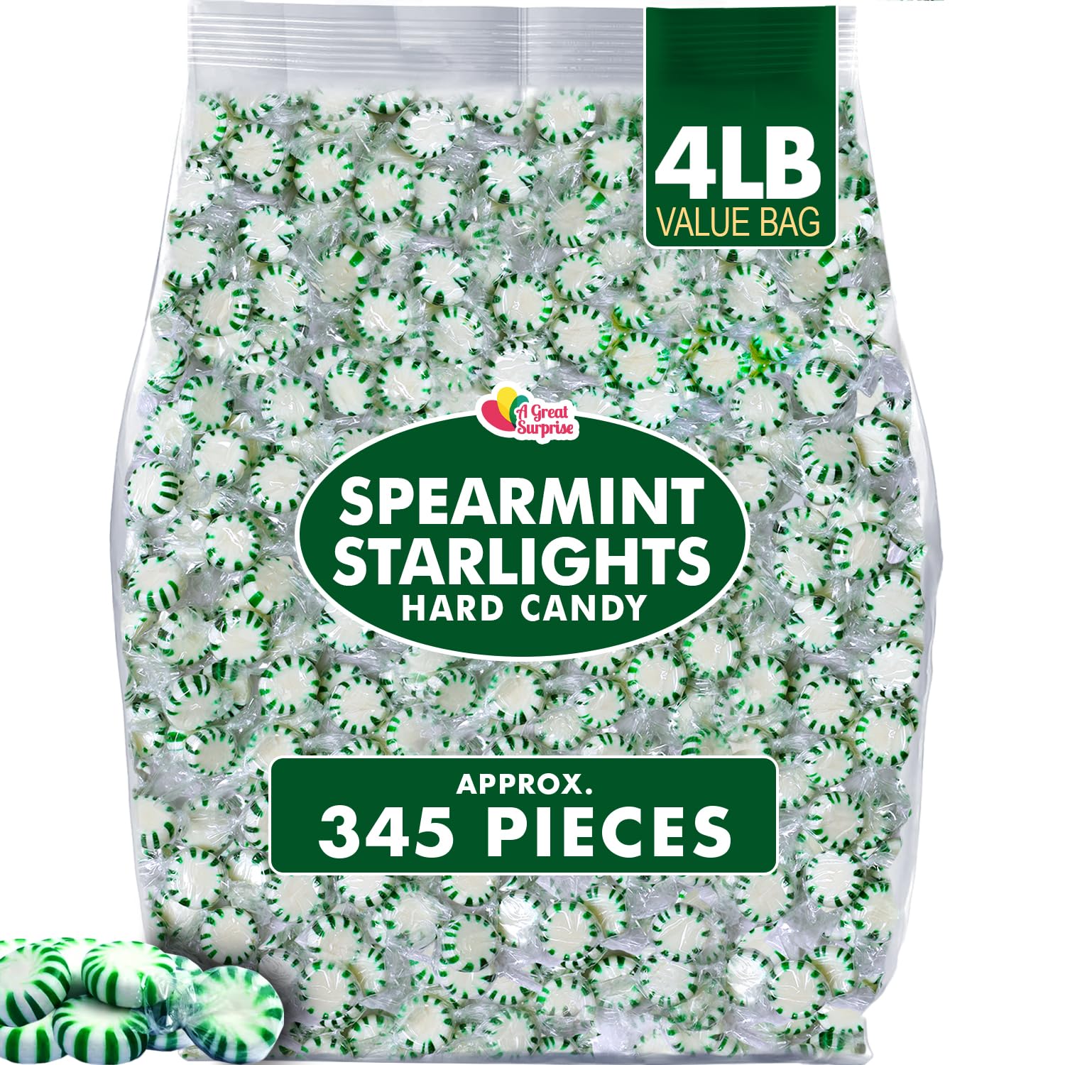 Spearmint Starlight Mints – 4 lb, 345 Pcs. Individually Wrapped | Classic green-and-white spearmint hard candies, individually wrapped for candy bowls, offices, parties, restaurants