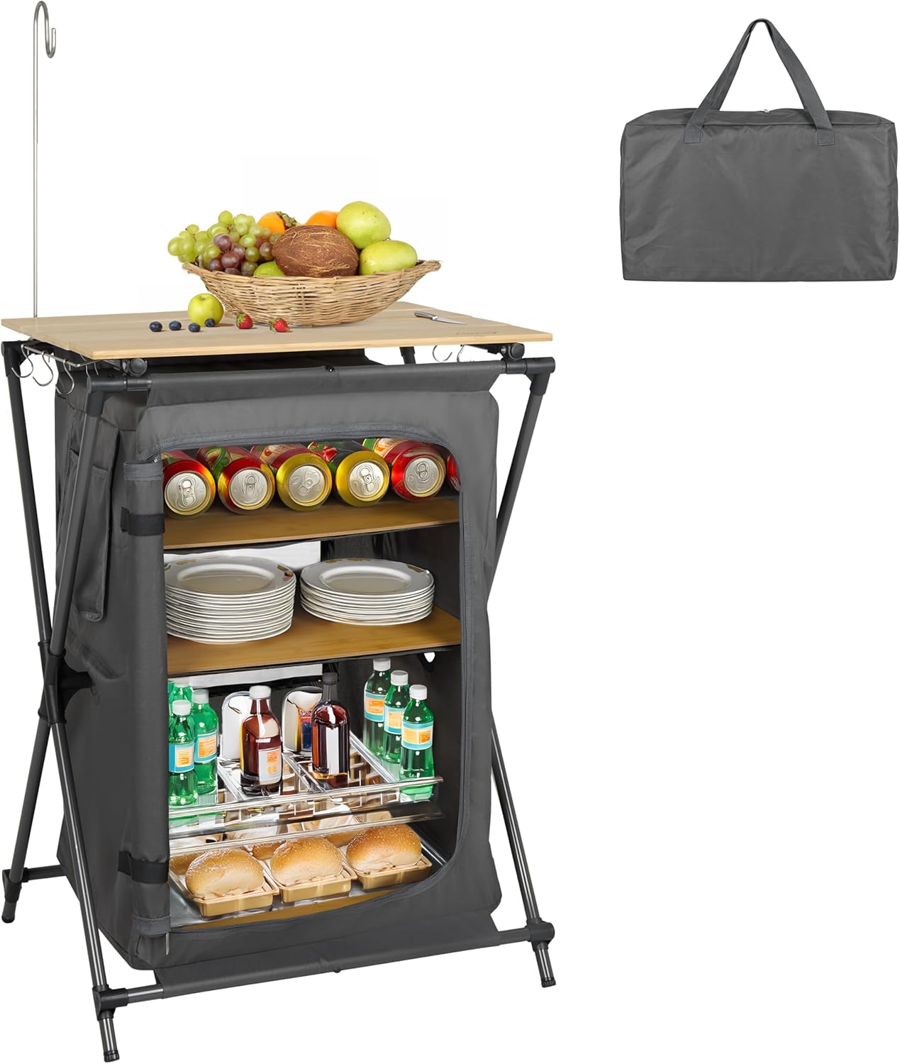 Finnhomy 4 Shelves Storage Camping Kitchen, Portable Camping Cupboard with Light Stand, Camping Kitchen Unit with Carry Bag, Quick Set-up Camping Table with Storage, Support 30KGs, Grey
