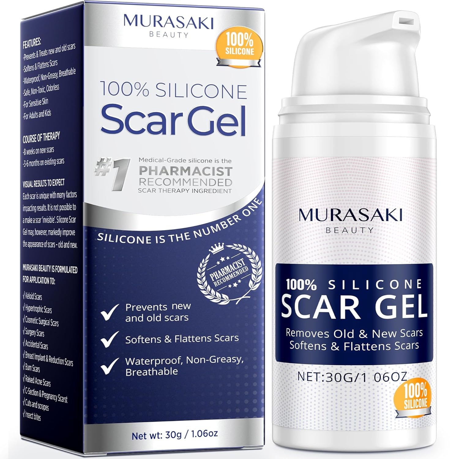 100% Silicone Scar Gel Scar Cream - Advanced Scar Gel for Surgical Scars, C-Section, Stretch Marks, Acne, Injury, Burns, Keloids, Old and New Scars 1.06oz(30g) (Maximum Strength 100% Silicone)