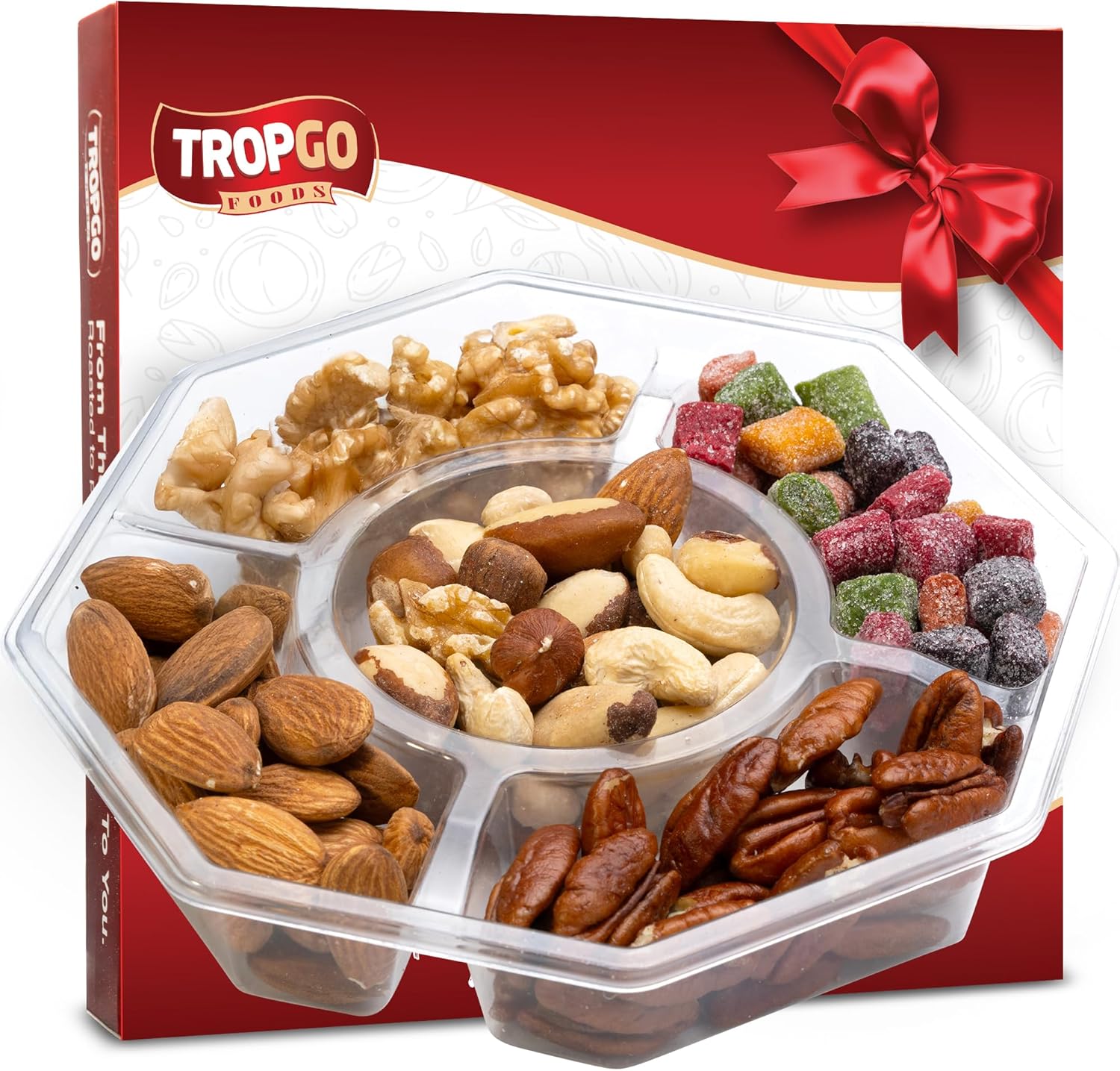 Tropgo Mixed Nuts Gift Set - Raw Pecans, Walnuts, Almonds & Mini Mango Cubes - Kosher Assortment in Elegant Red Box - Fruit and Nut Mix for Sharing - Thoughtful Mothers Day Gifts