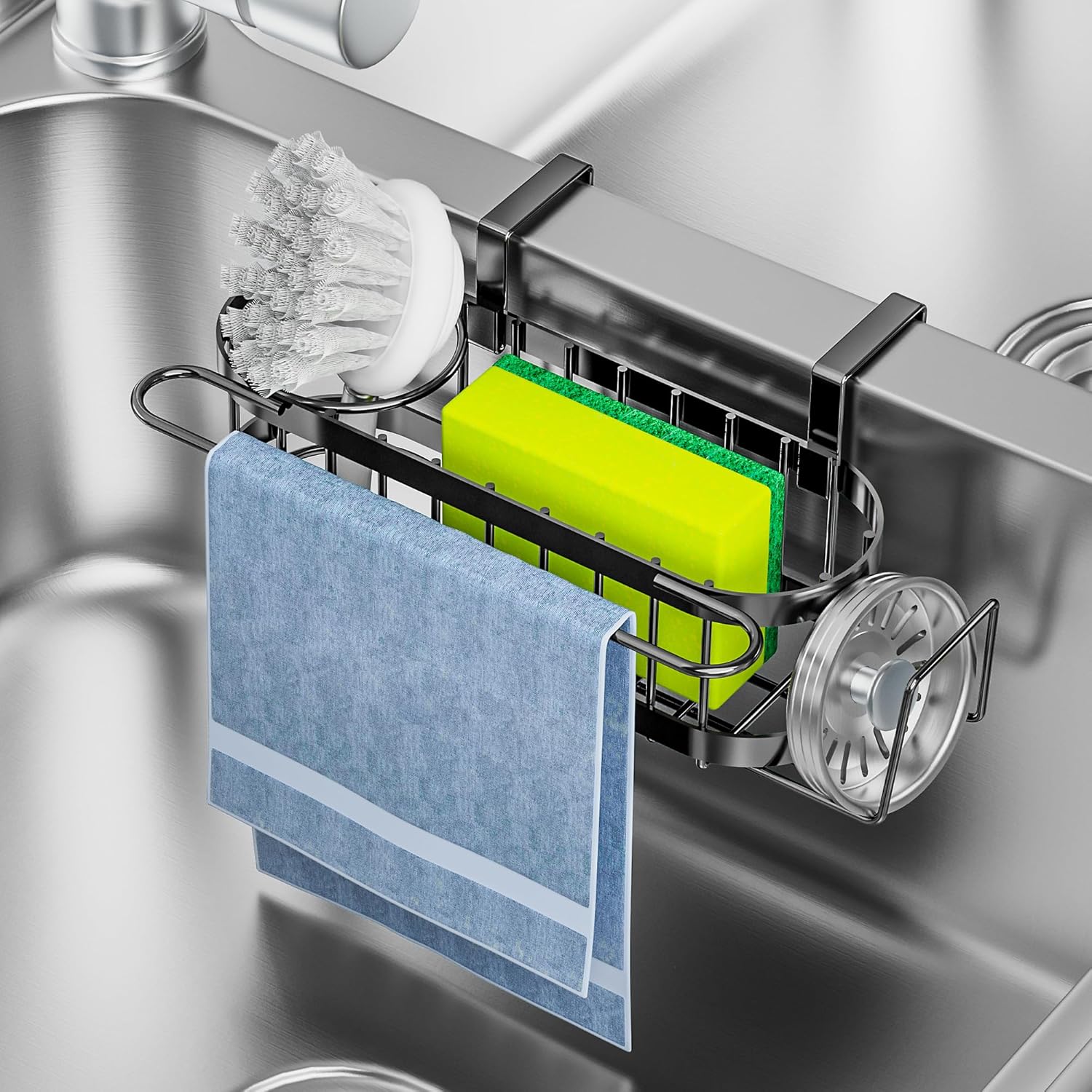 Cisily 3-in-1 Sponge Holder for Kitchen Sink Caddy (Hanging&Adhesive), Stainless Steel Movable Brush Holder + Dish Cloth Hanger, Hanging Sink Caddy Organizer, in Sink Organizer Accessories Rack