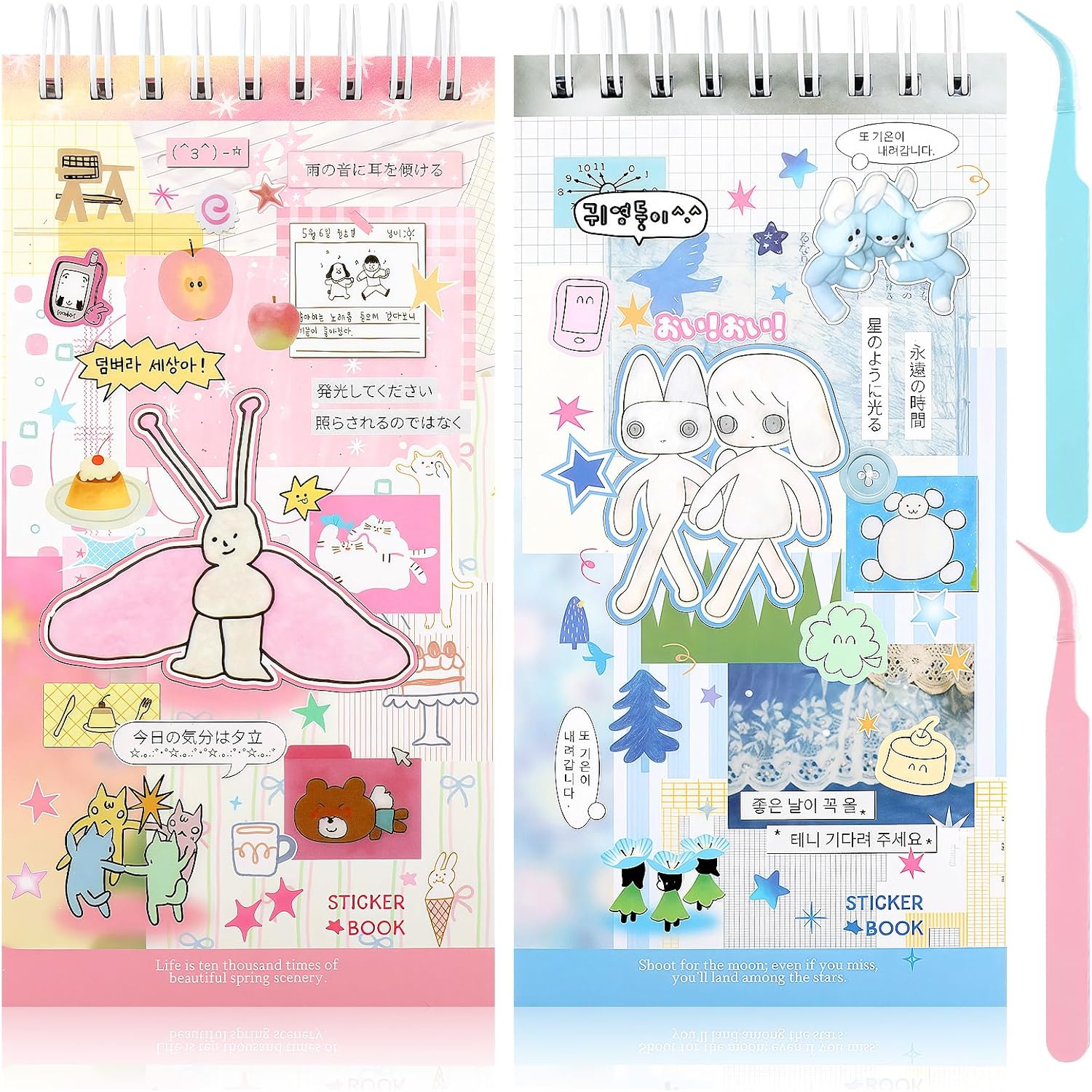 Tmtains 40 Sheets Kawaii Japanese Sticker Book for Planners Manga Books Style Sticker Aesthetic Japanese Korean Stickers Book for Adults Scrapbooking Notebook Junk Journal Supplies (Powder Blue Duo)