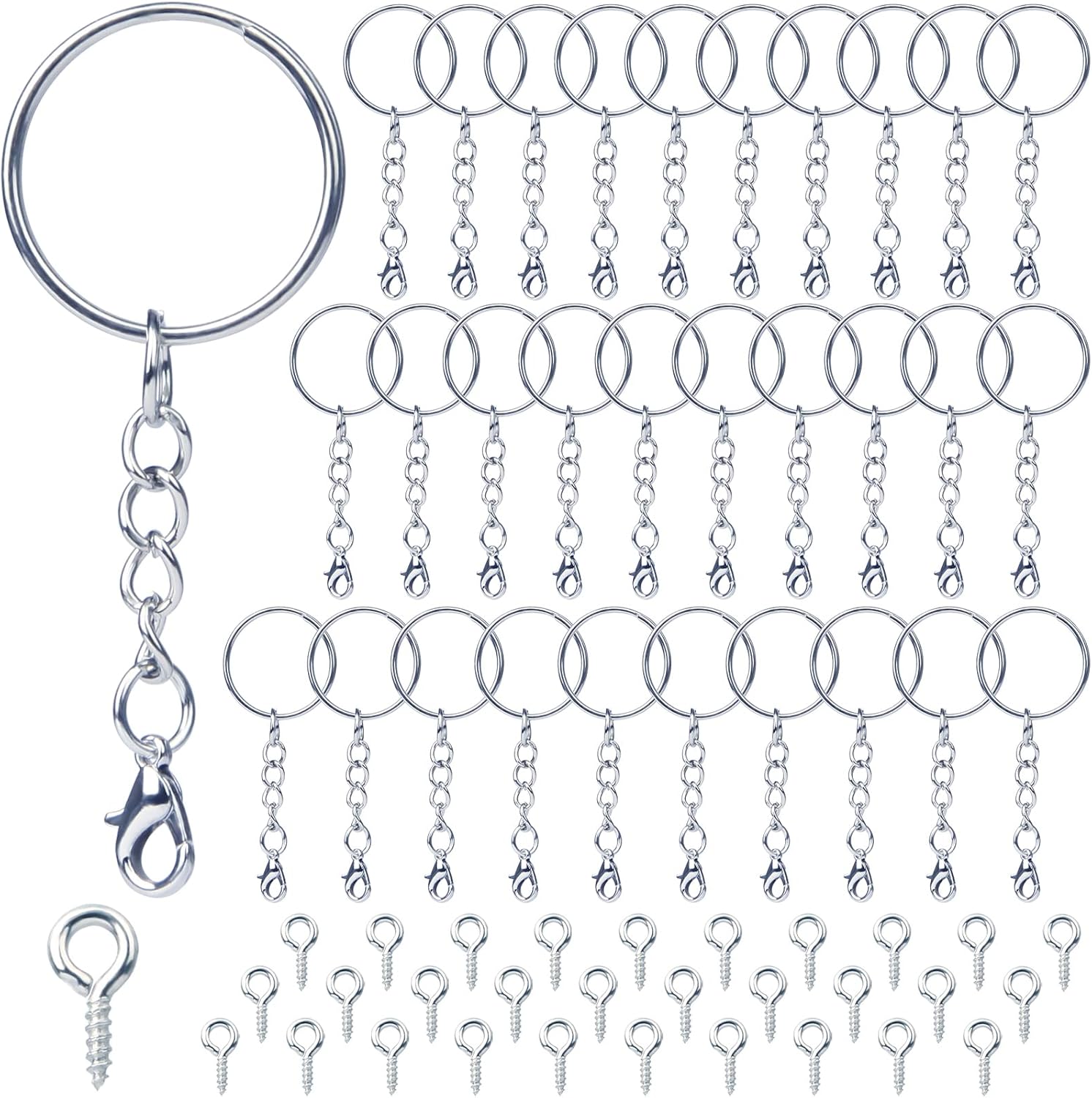 60Pcs Keyring Chain Keychain Accessories Key Ring Hoop 30pcs 1 Inch Keyring Clip with 30pcs Lobster Clasps 30 Eyelet Screws Metal Keyring Making Kit Sliver for DIY Crafts Jewellery Making(30 Sets)