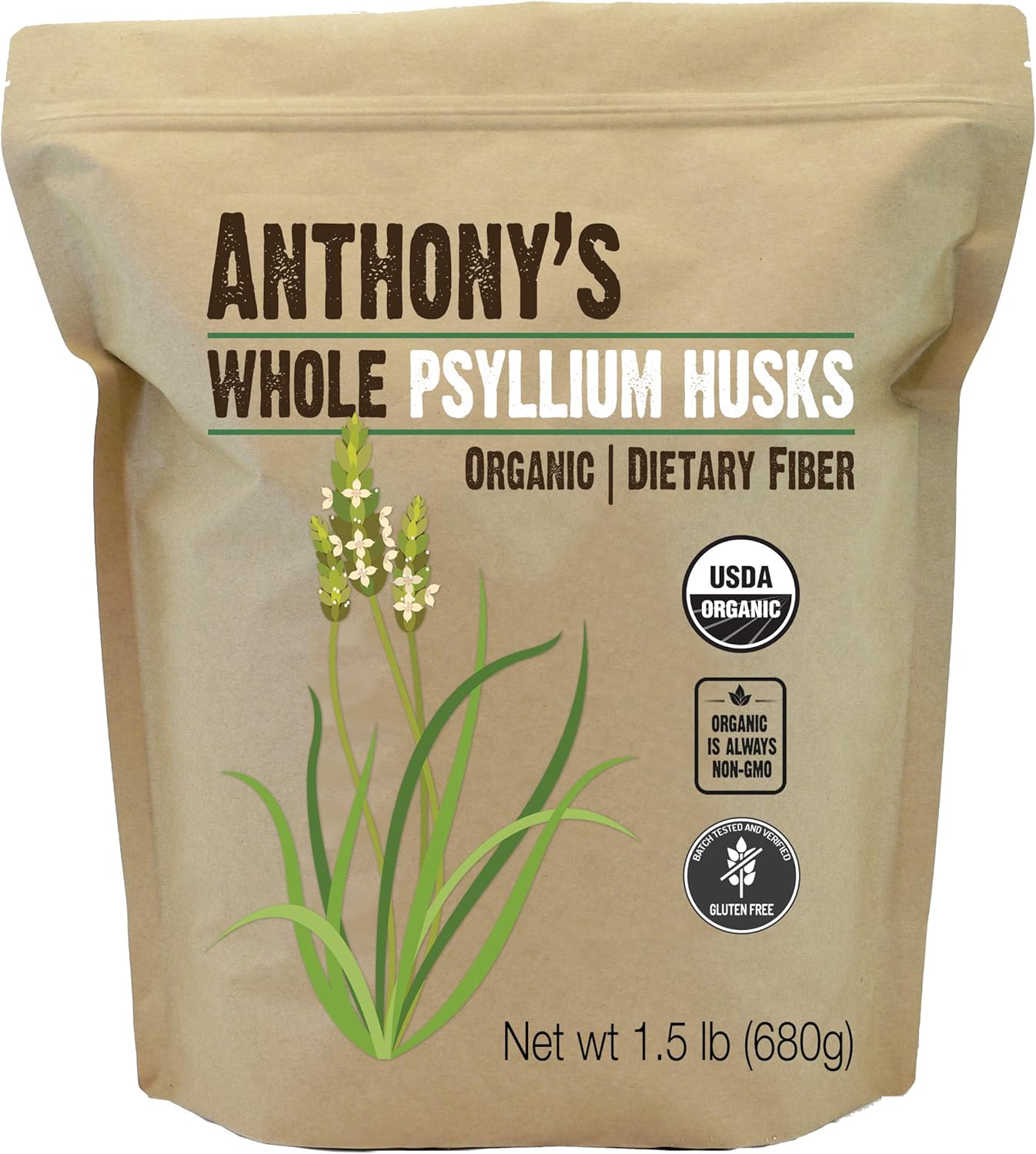 Anthony's Organic Whole Psyllium Husks, 1.5 lb, Dietary Fiber, Gluten Free, Non GMO, Keto Friendly