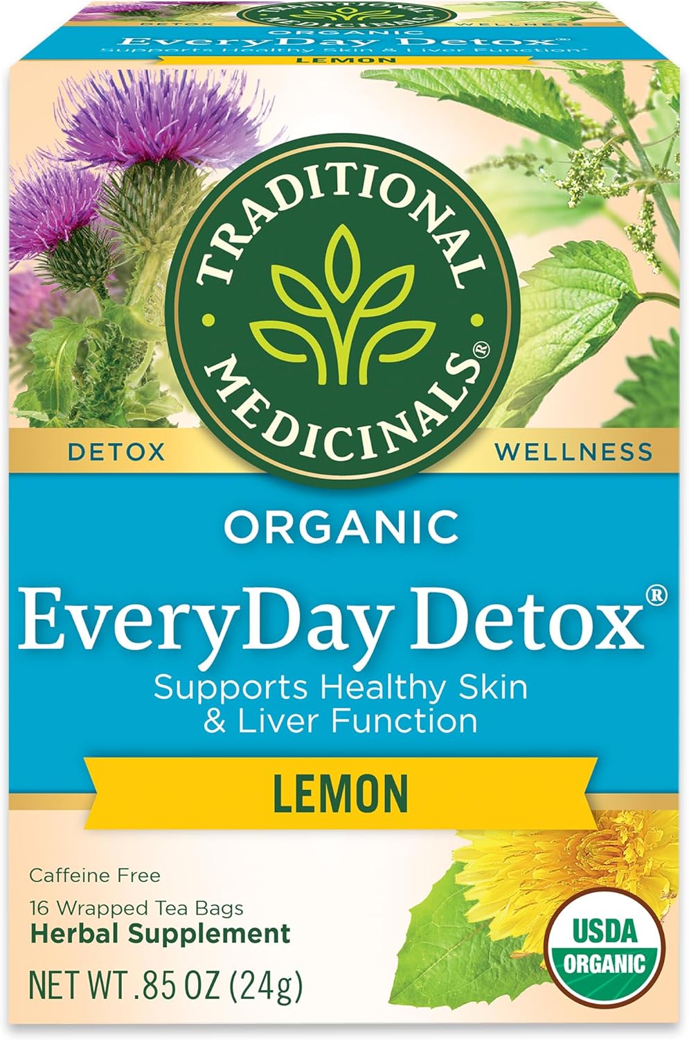 Traditional Medicinals Tea, Organic Everyday Detox Lemon, Supports Healthy Skin & Liver Function, Detox, 16 Tea Bags
