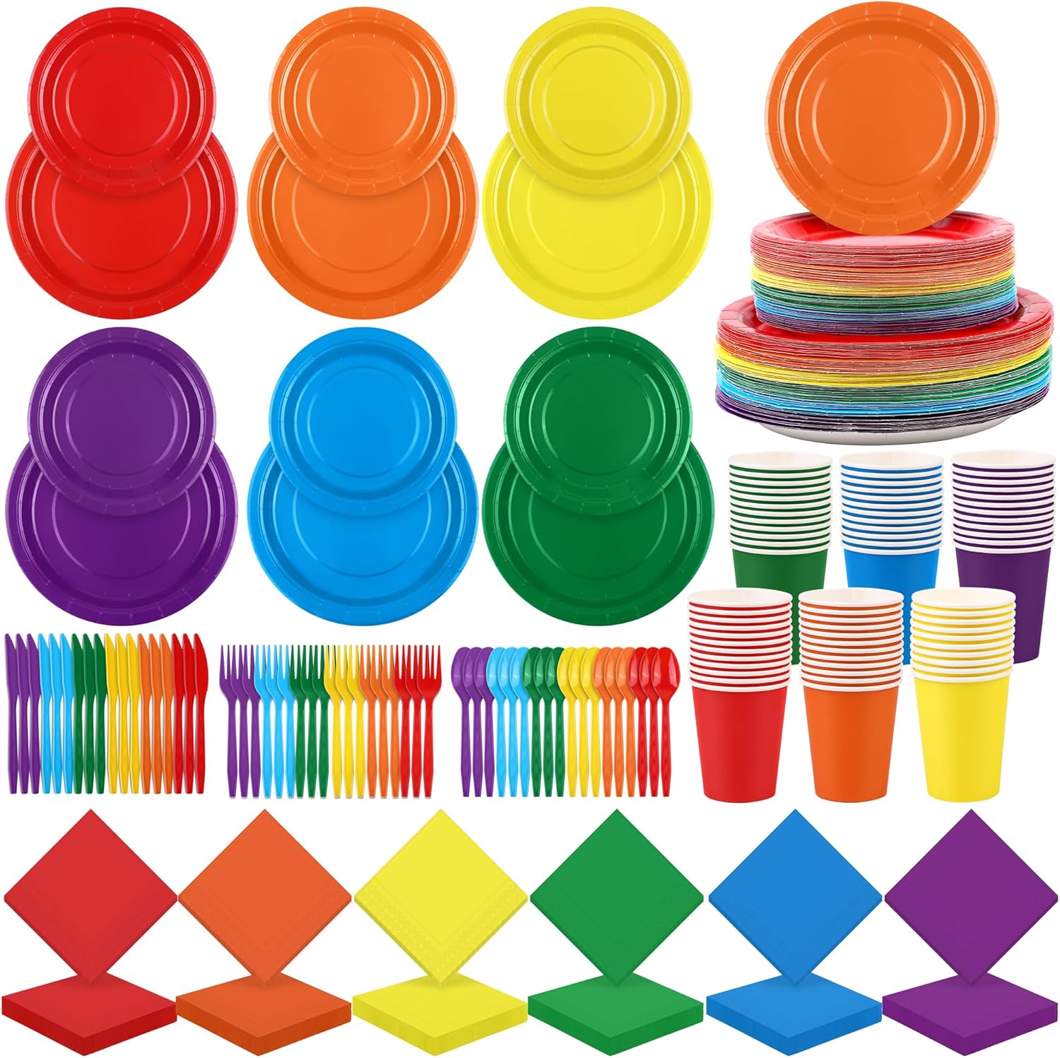 Durony 504-Piece Party Tableware Set - Rainbow Disposable Serves 72 Guests - 7" & 9" Paper Plates, 9oz Cups, Napkins, Plastic Cutlery, Decorations, Neon Supplies