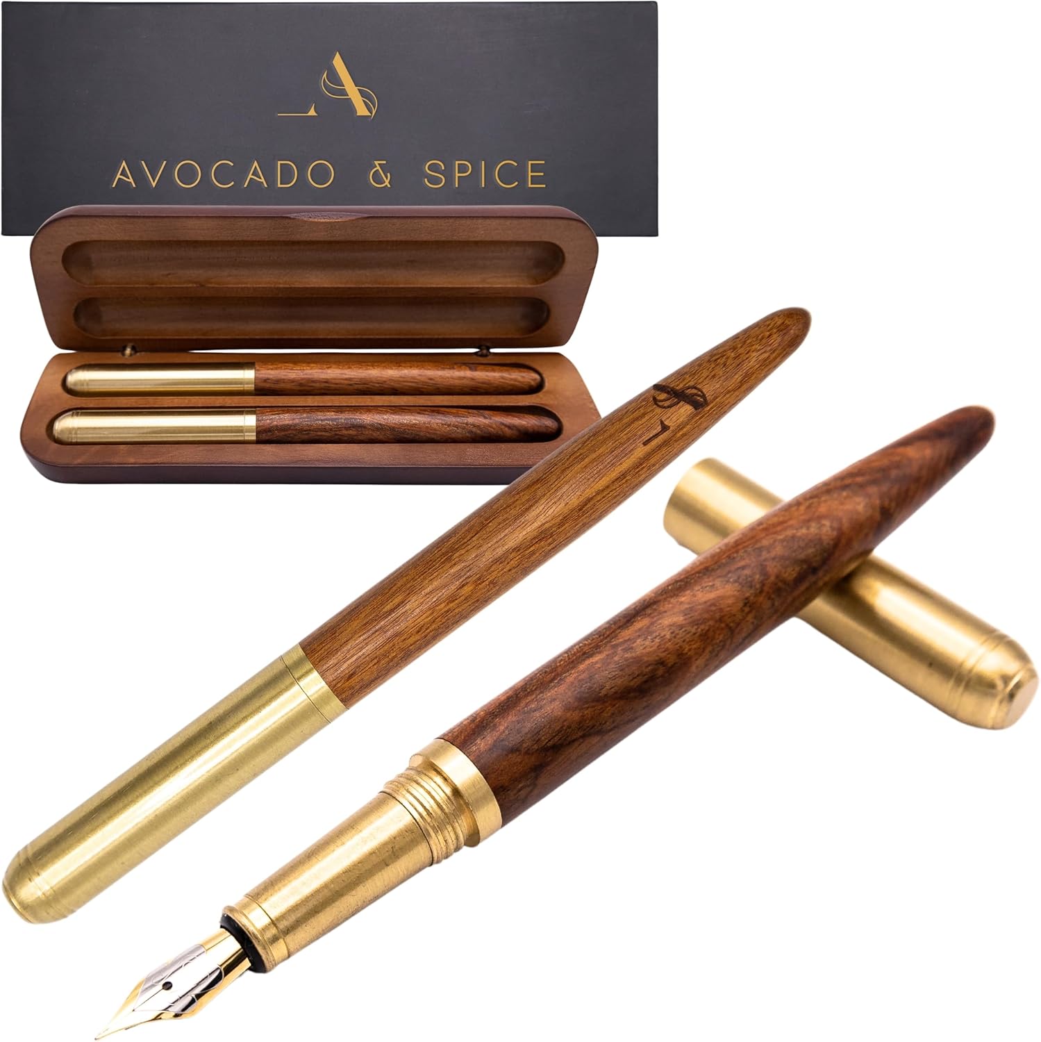 Fountain Pen and Roller Ball Pen Set by Avocado and Spice Gift Set (2 pcs) Brass/Sandalwood Premium Writing Pens Stationary Sets - Fountain Pens for Writing Pens for Women and Men Handwriting Pens