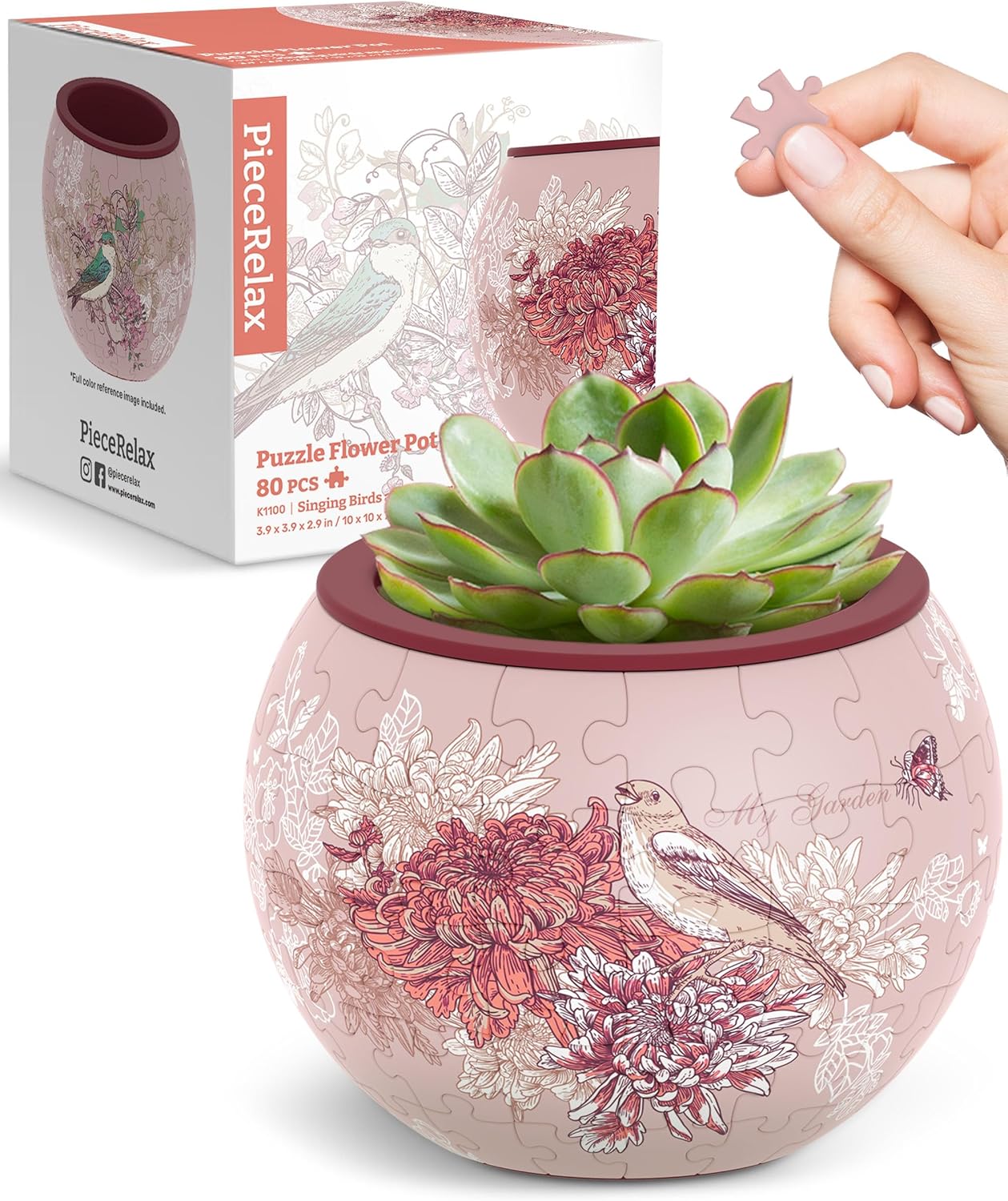 3D Puzzle Planter - Singing Birds and Flowers - Danish Folklore Style, Home Decor Flower Pots for Indoor Cactus, Succulents Pots [K1100]