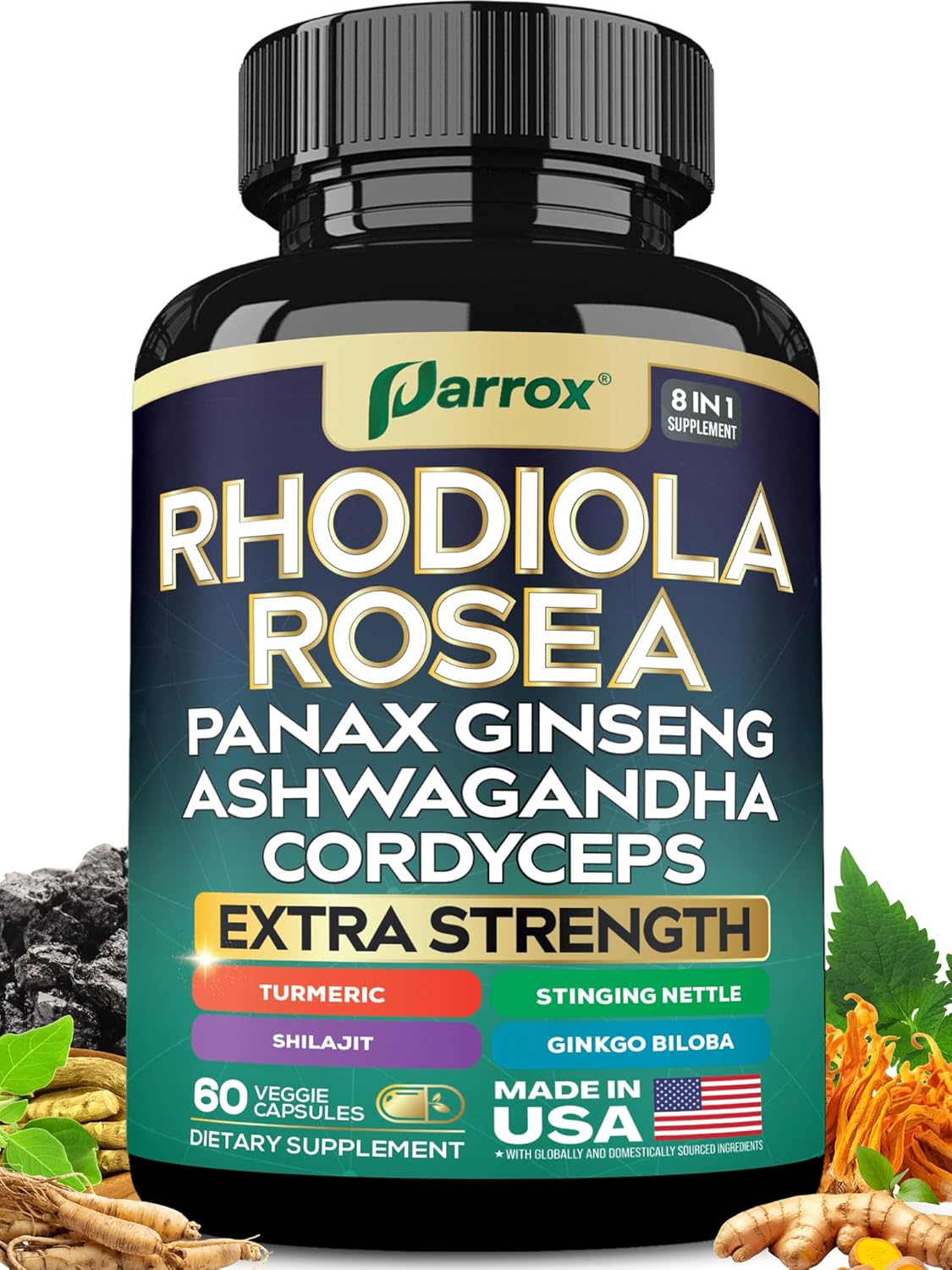 Rhodiola Rosea Panax Ginseng Ashwagandha Cordyceps Mushroom Turmeric Ginkgo Biloba Stinging Nettle Adaptogen Blend Supplement Capsules for Daily Wellness Support – 60 Capsules