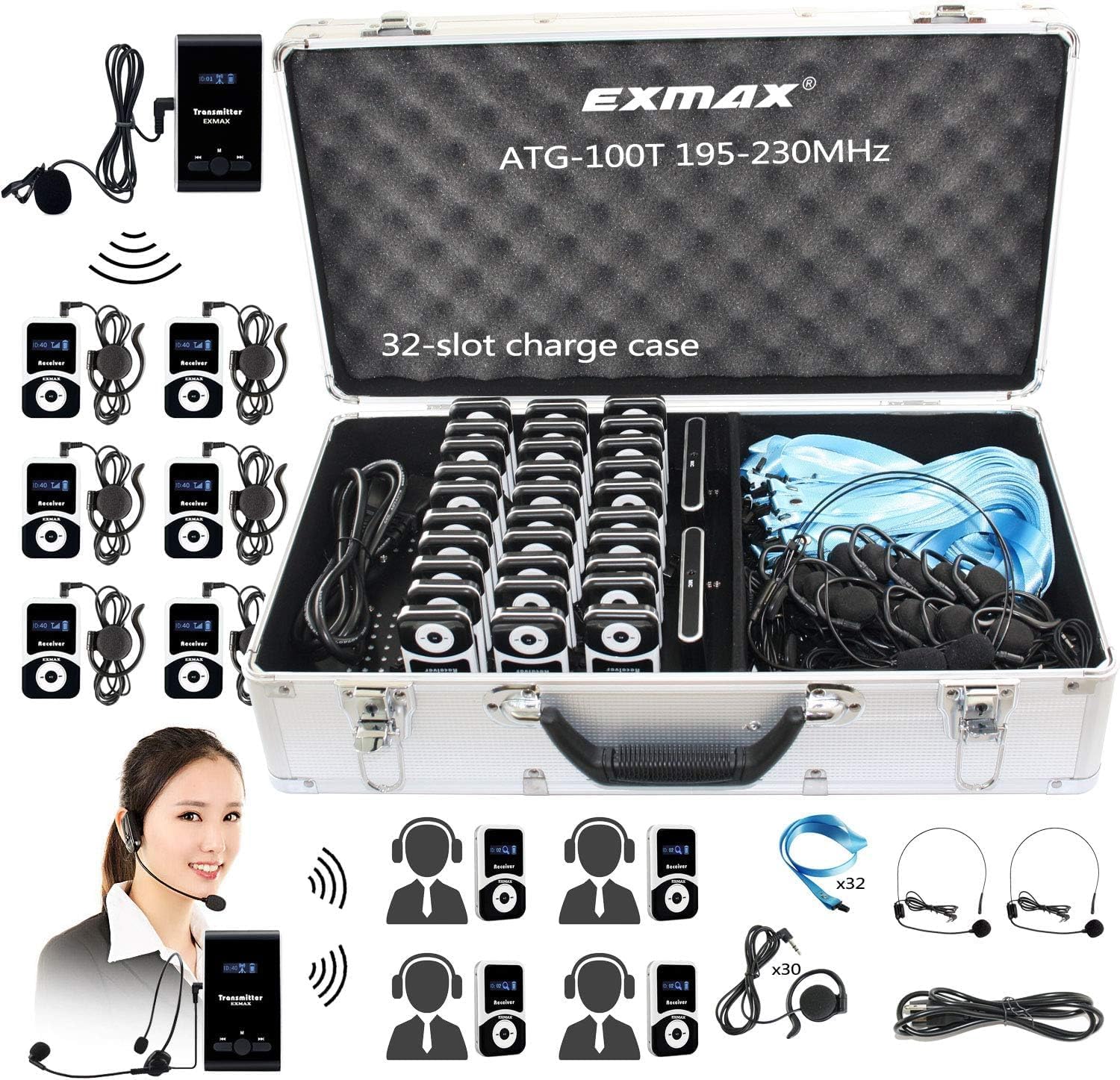 EXMAX EX-100 72MHz Wireless Tour Guide Monitoring Voice Audio Transmission System + Aluminium Alloy Charge Case for Teaching Tour guides Conference Museum(2 Transmitters and 30 Receivers)