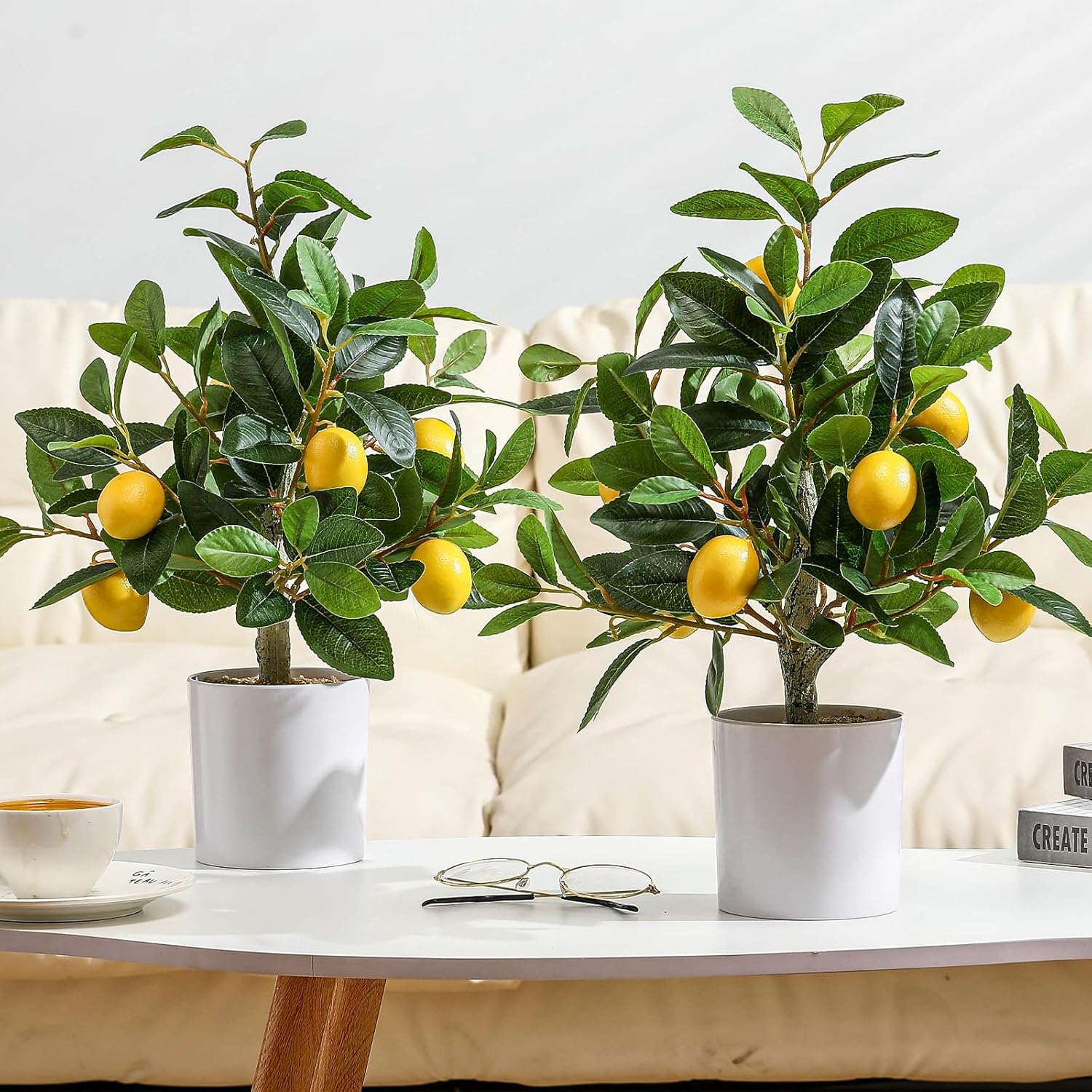 Giegxin 2 Pcs Artificial Lemon Tree 15.7 Inches Fake Artificial Potted Plants Faux Lemon Citrus Tree with Pot Faux Plants Indoor for Home Kitchen Office Living Room Table Desk (White Pot)
