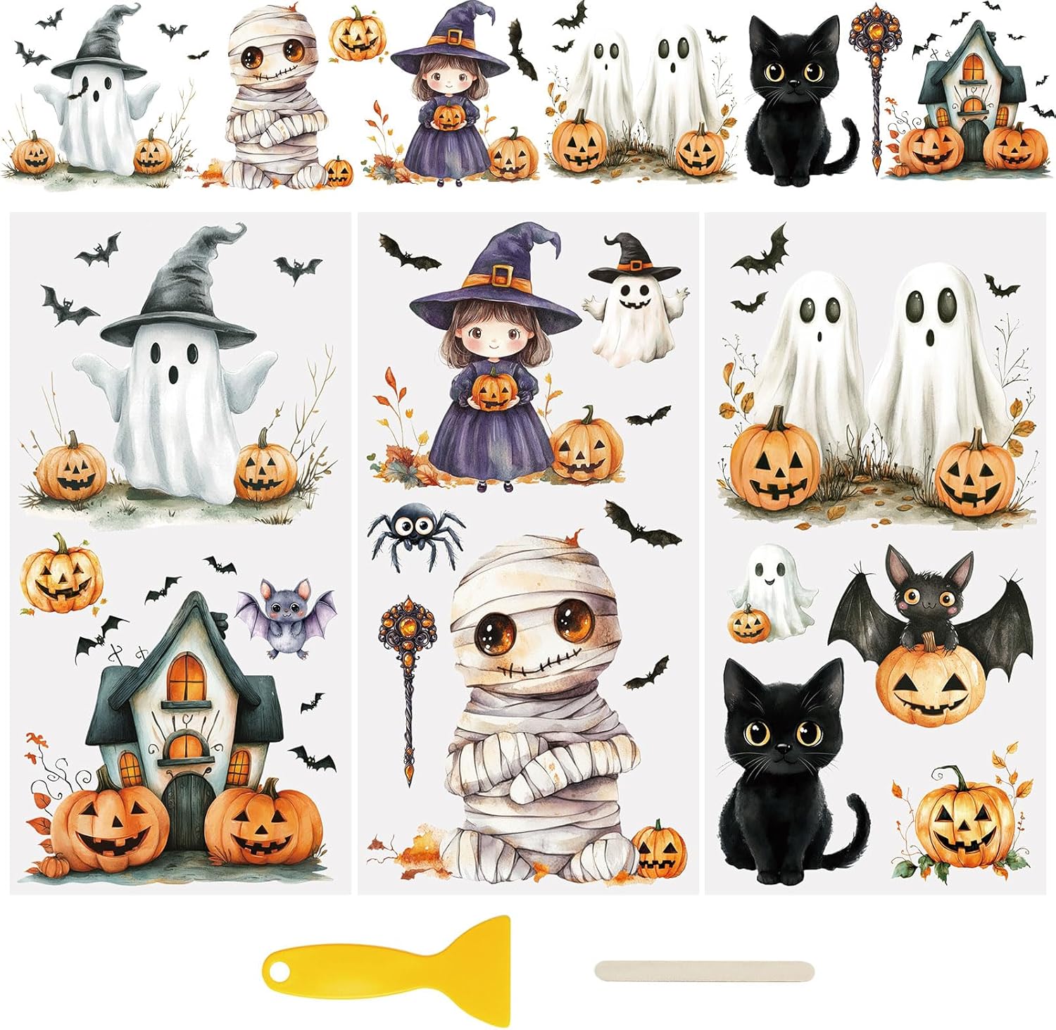 WANDIC 3 Sheets UV DTF Wraps Stickers,Cute Halloween Cute Ghosts Cup Decals Furniture Stickers Waterproof Transfers Window Decals for Glass and DIY Crafts