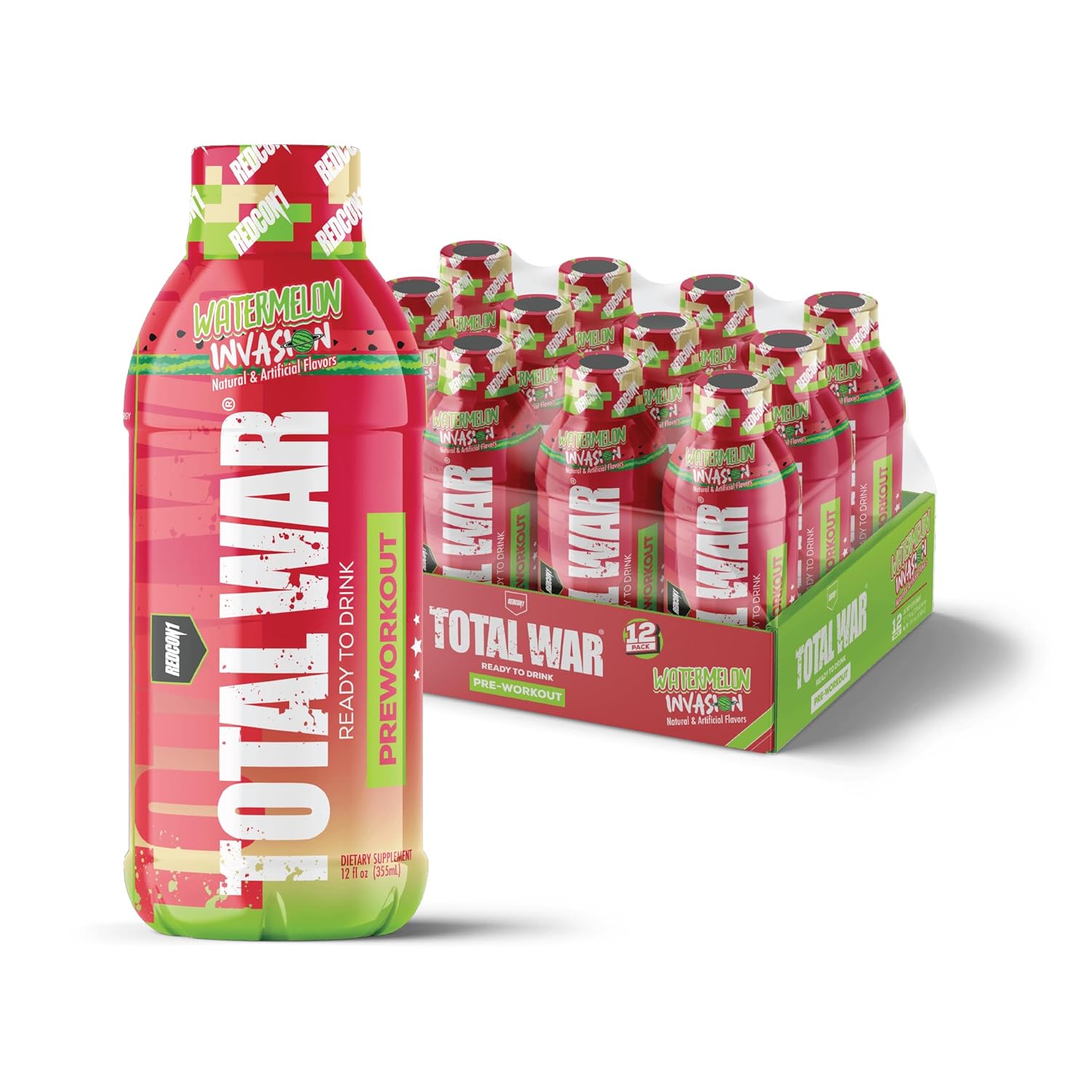 REDCON1 Total War Ready to Drink Preworkout, Watermelon - 350mg of Fast Acting RTD Caffeine - Beta Alanine + Citrulline Malate for Increased Pump (12 Servings)