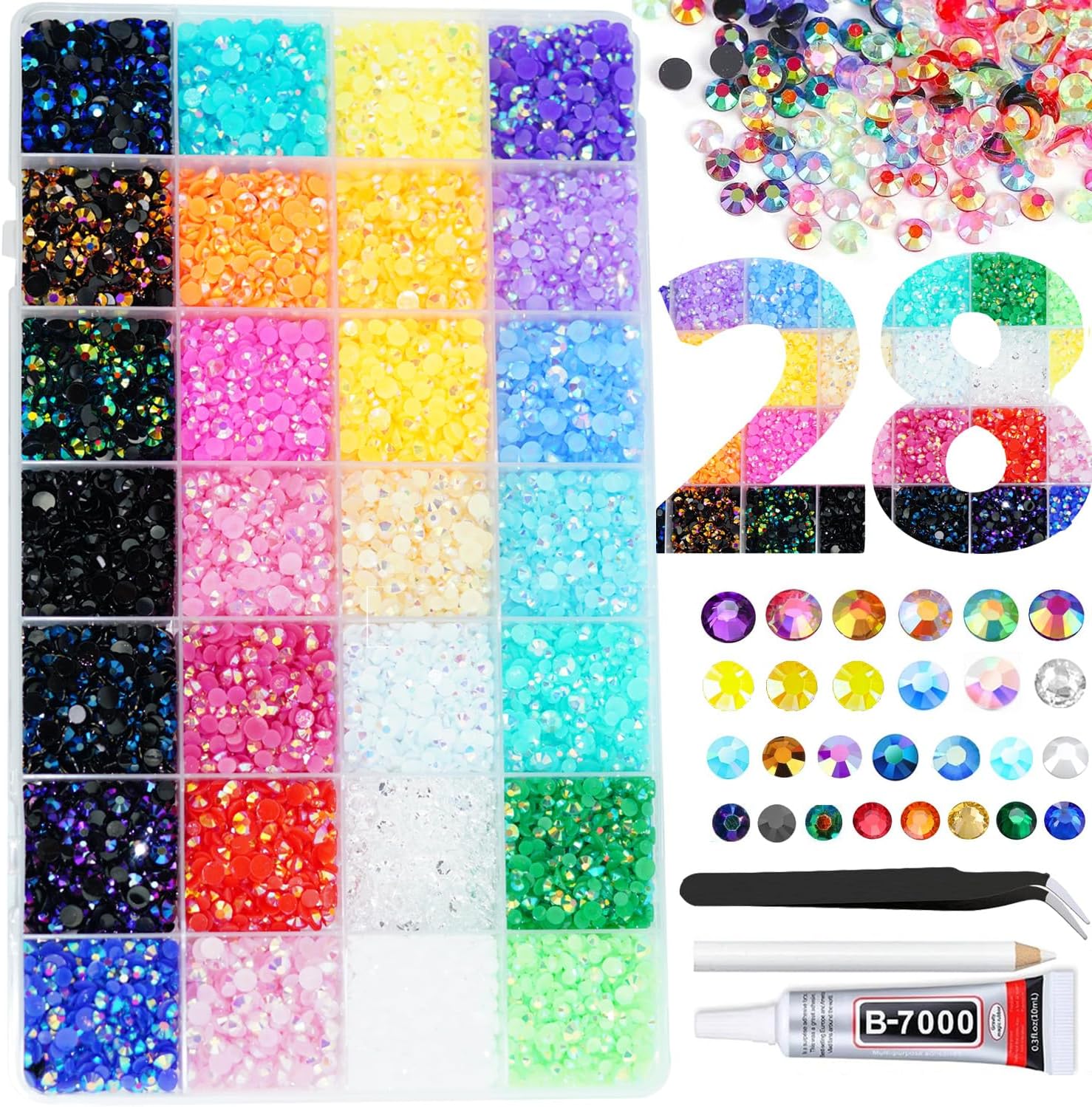 28 Colors Mixed 3mm 4mm 5mm Bedazzling Rhinestones Kit with B7000 and Tool