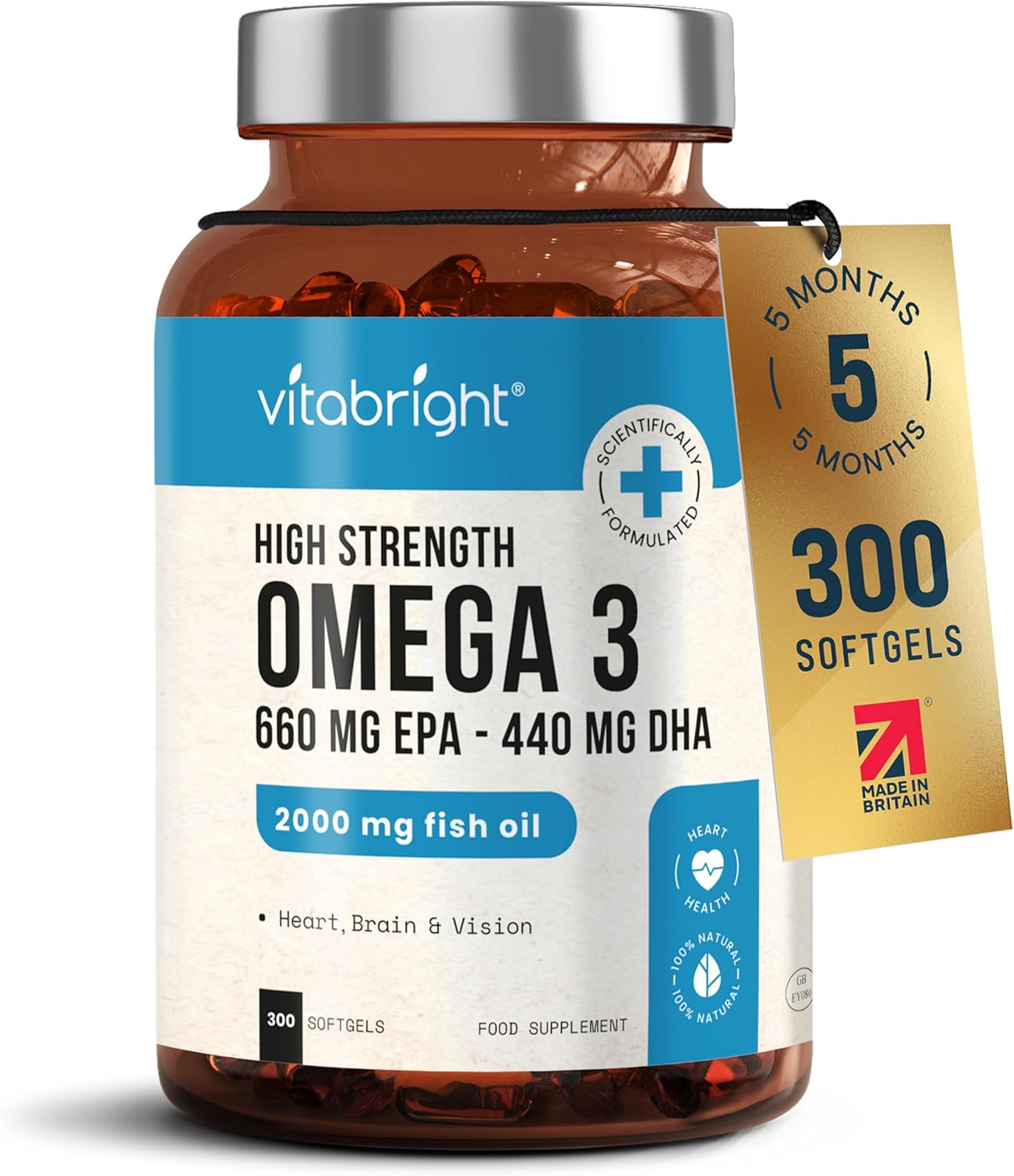 Omega 3 Fish Oil Capsules 2000mg High Strength | 660 EPA & 440 DHA | 150 Capsules 5 Months Supply | Omega 3 Supplement Alternative to Cod Liver Oil | VitaBright