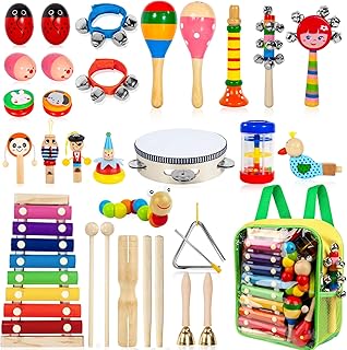 Kids Musical Instruments, 33Pcs 18 Types Wooden Percussion Instruments Tambourine Xylophone Toys for Kids Children, Preschool Education Early Learning Musical Toy for Boys and Girls